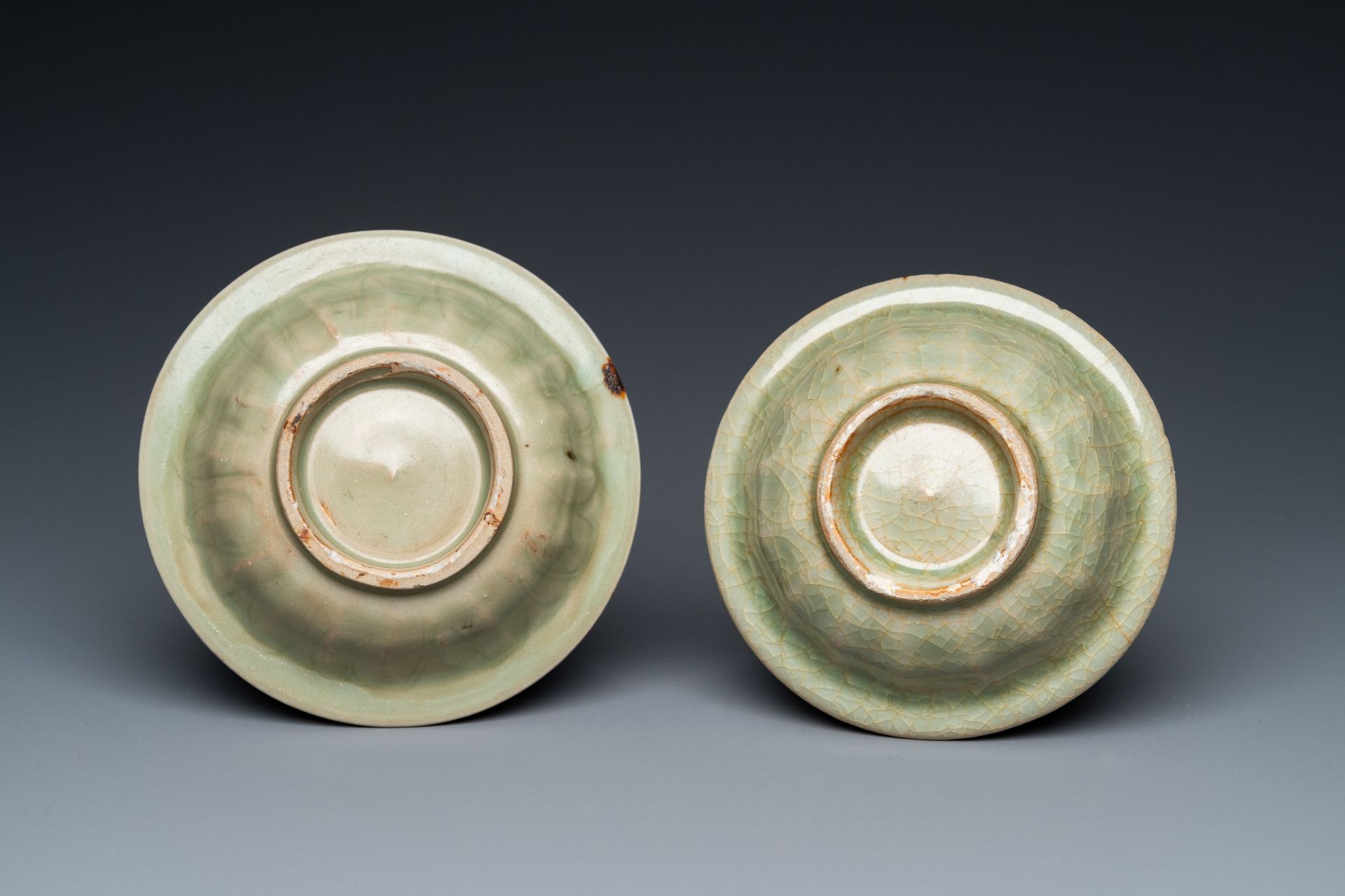 Two Chinese celadon-glazed bowls, one with twin fish, Ming - Image 2 of 14