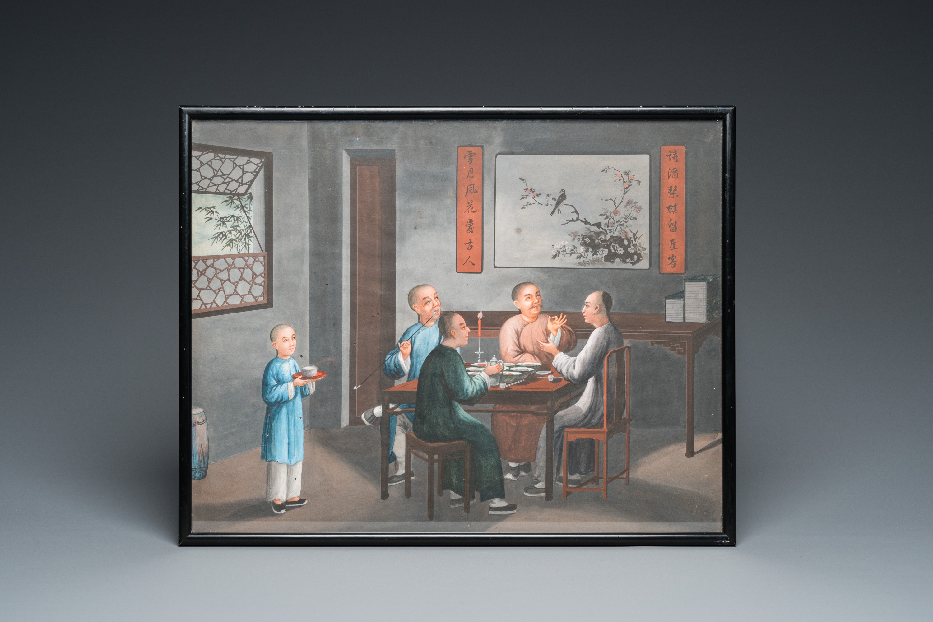 Canton school, China, 19th C.: 'Animated interior', gouache on paper - Image 3 of 4