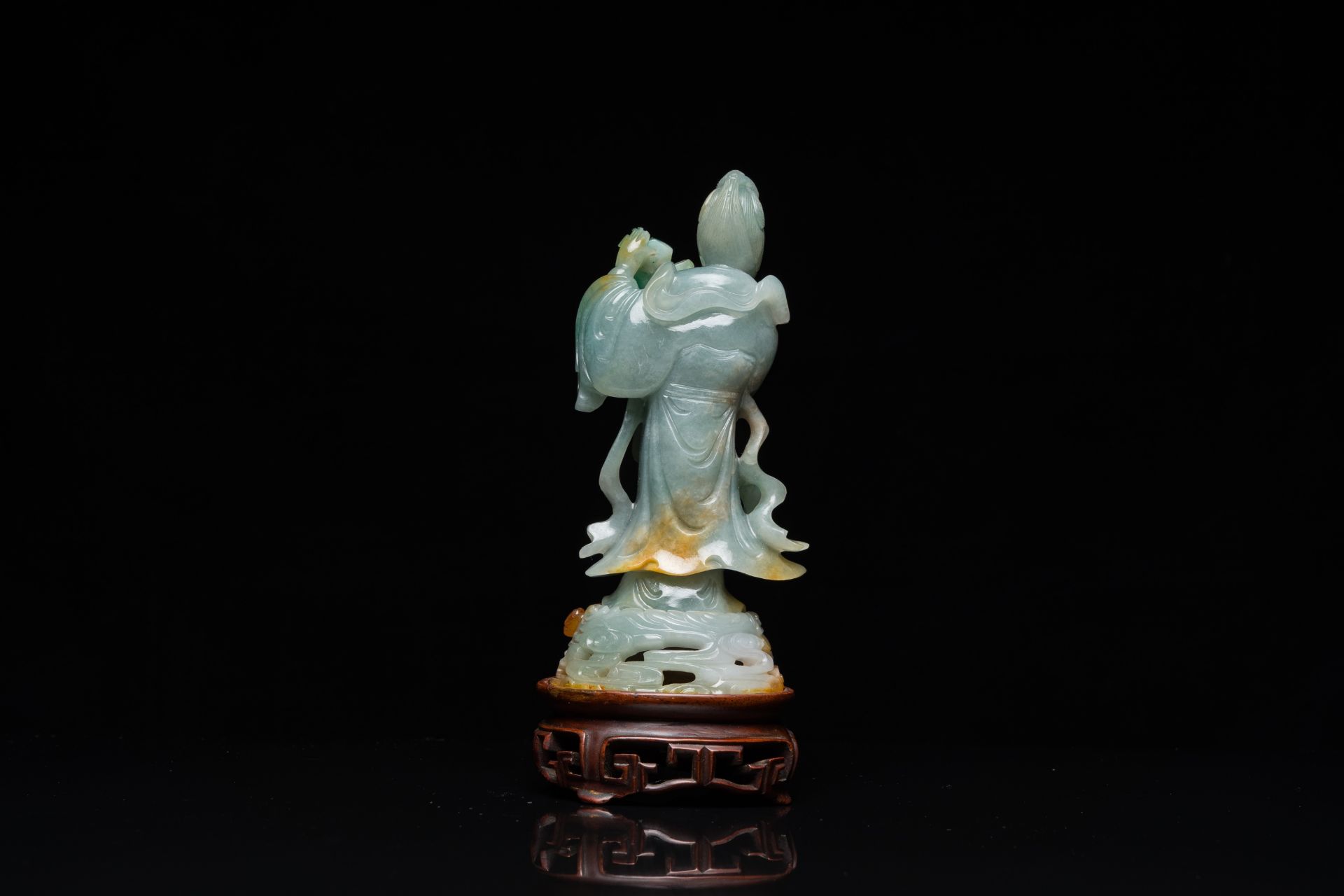 A Chinese jade sculpture of a lady on a wooden stand, Qing - Image 5 of 21