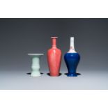 Three Chinese blue-, celadon- and copper-red-glazed vases, Kangxi marks, 19/20th C.