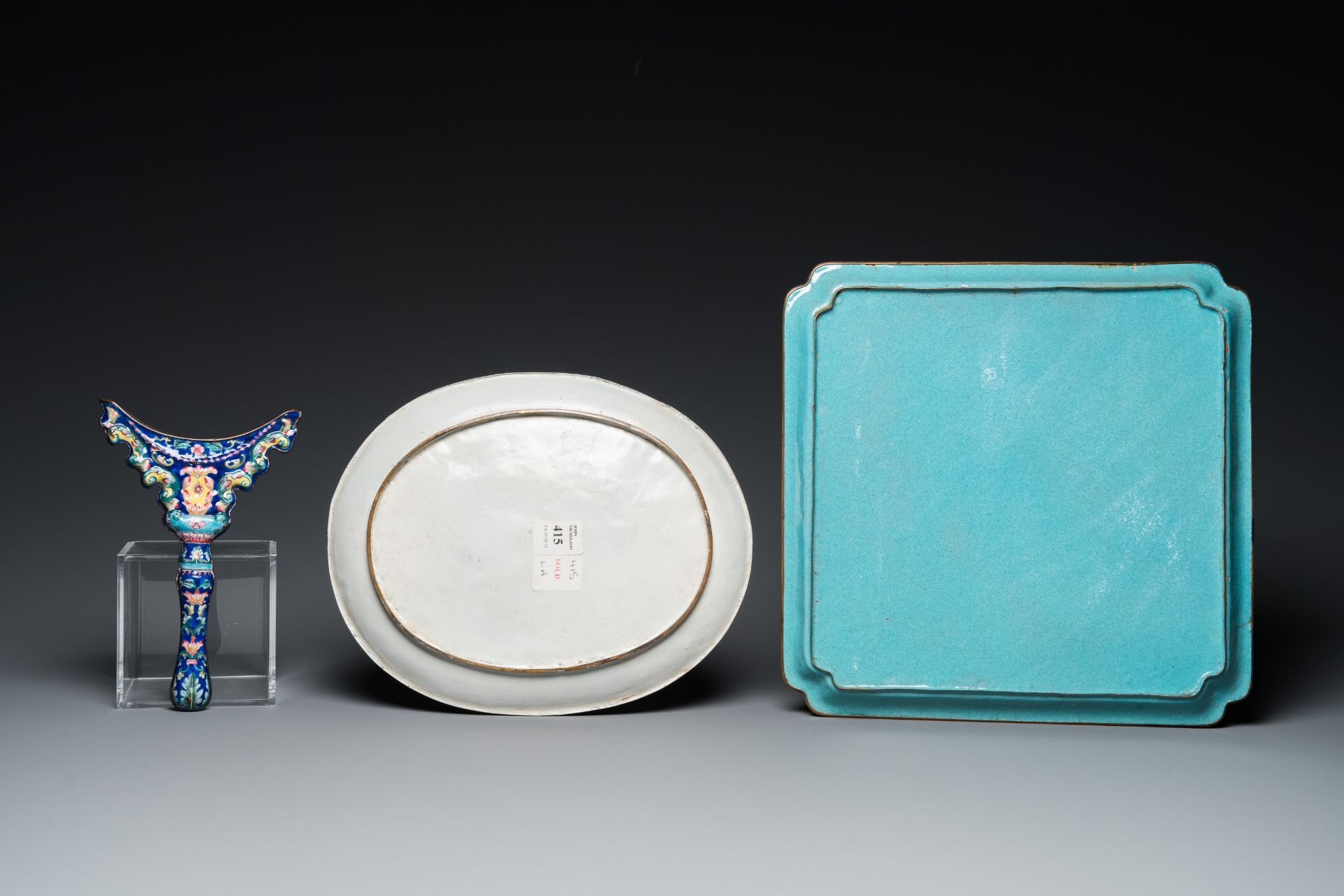 Two Chinese Canton enamel dishes, a ewer, a mirror handle and a stacking box, 18/19th C. - Image 3 of 11