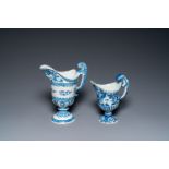 Two blue and white French faience helmet-shaped jugs, Rouen and Nevers, 18th C.