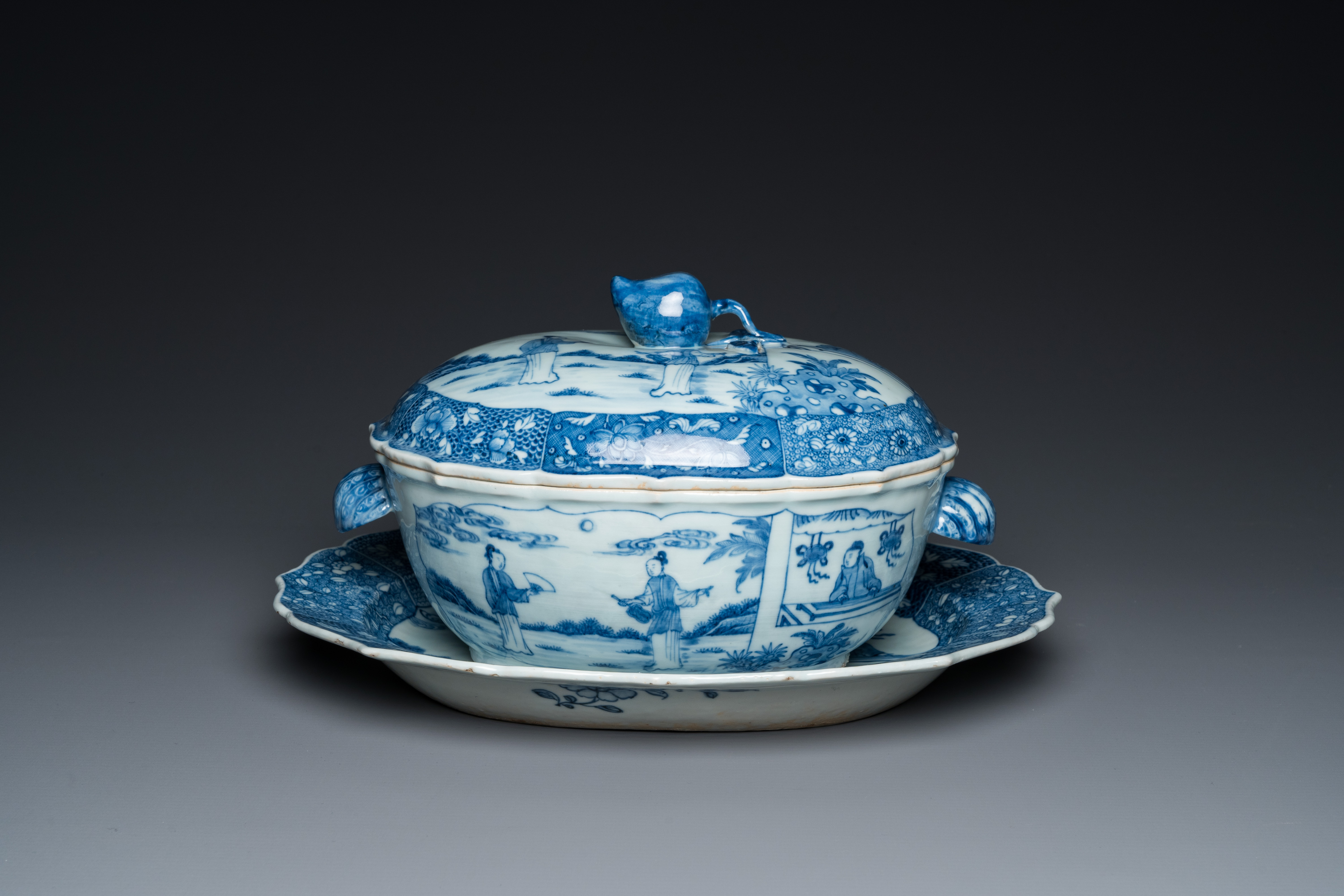 A large Chinese blue and white 'Xi Xiang Ji' tureen and cover on stand, Qianlong