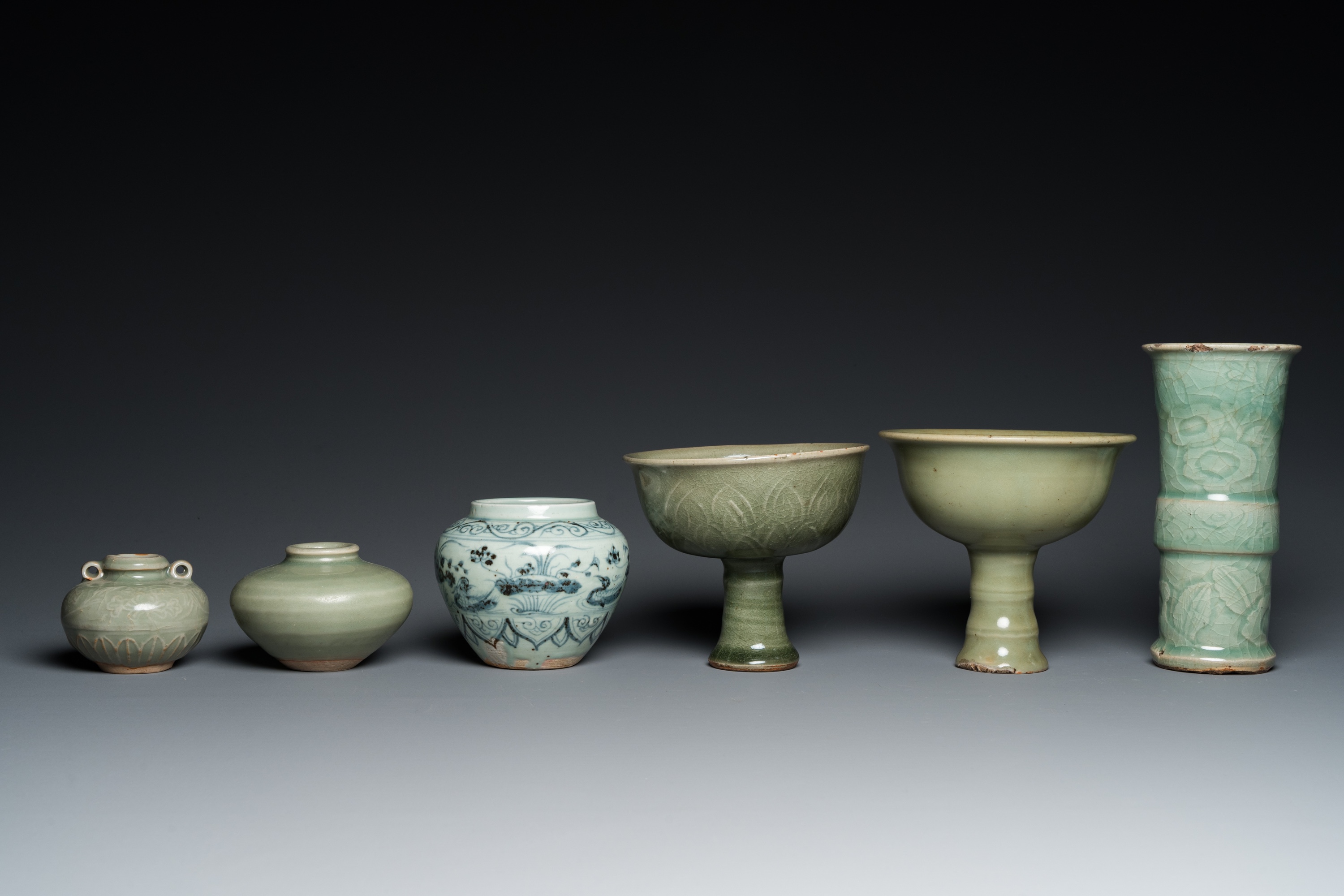 Three Chinese celadon-glazed vases, two stem cups and a blue and white vase, Ming - Image 4 of 7
