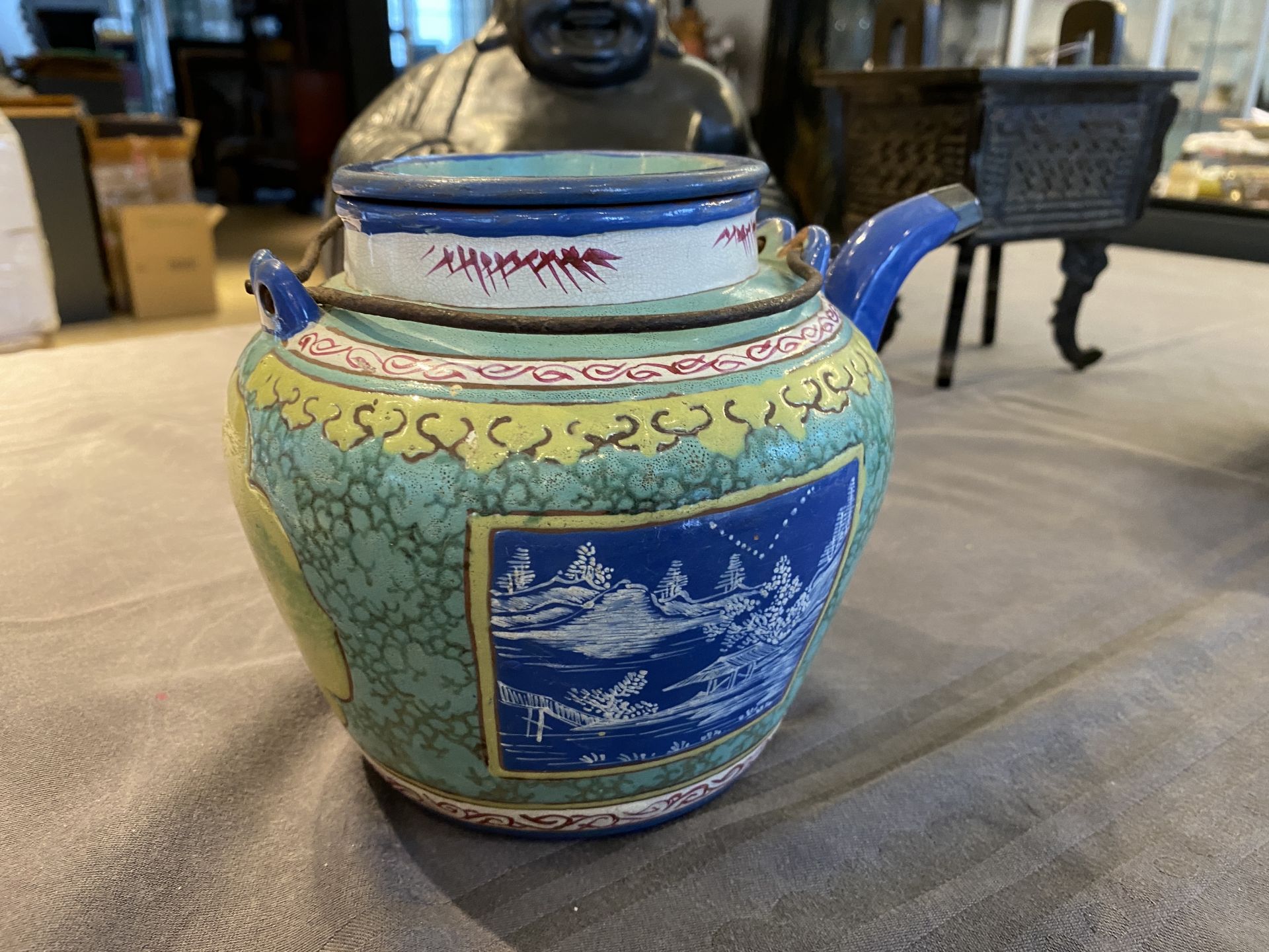 A Chinese enamelled Yixing stoneware teapot and cover, 19th C. - Image 10 of 23