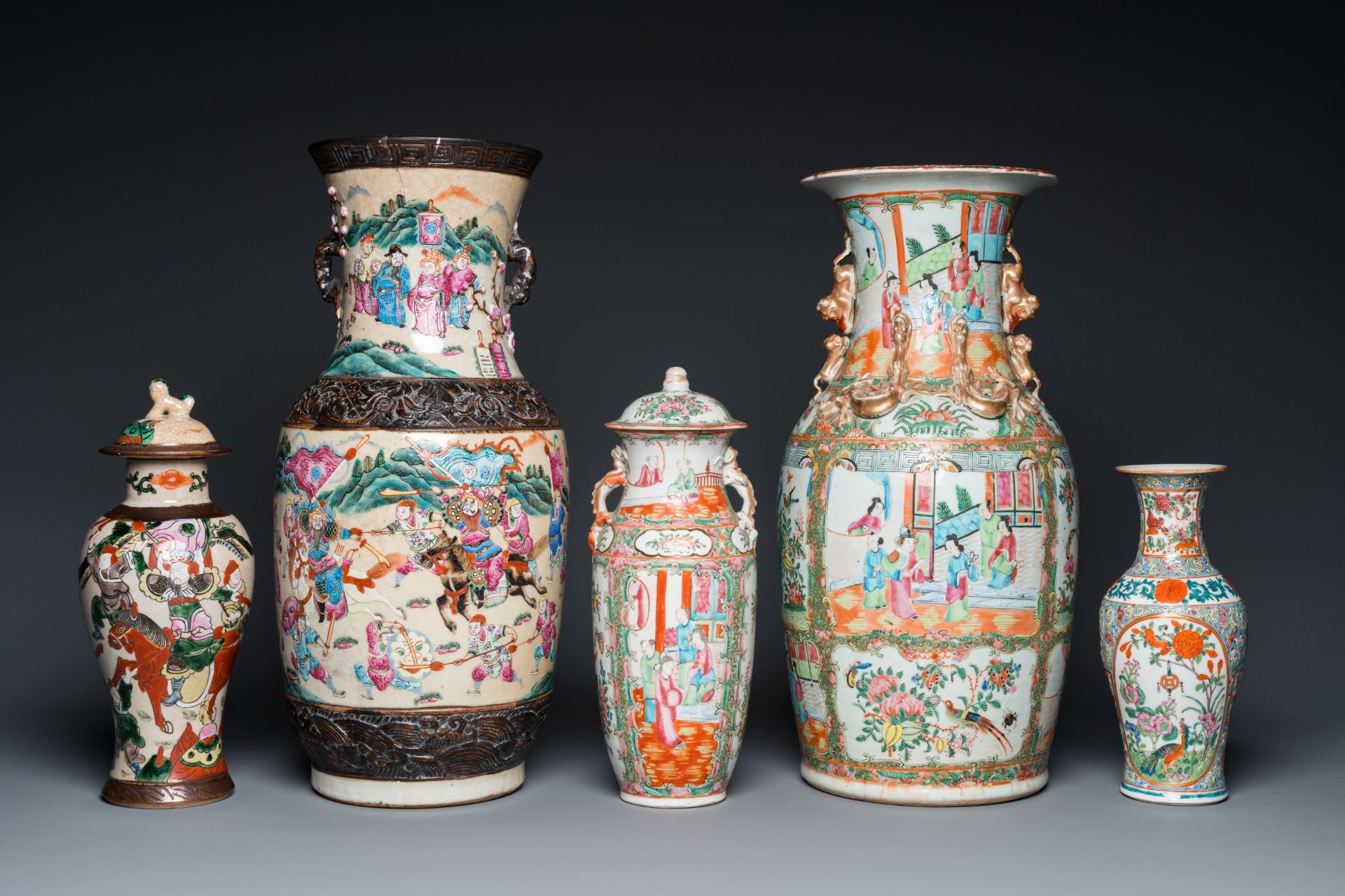 Eight Chinese Canton famille rose vases, two Nanking vases and two famille rose bowls, 19/20th C. - Image 2 of 15