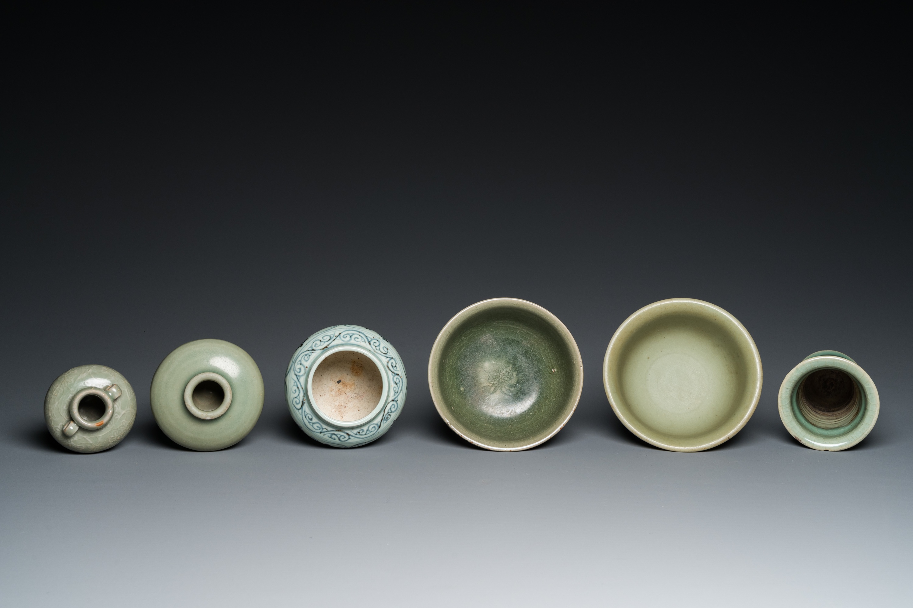 Three Chinese celadon-glazed vases, two stem cups and a blue and white vase, Ming - Image 6 of 7