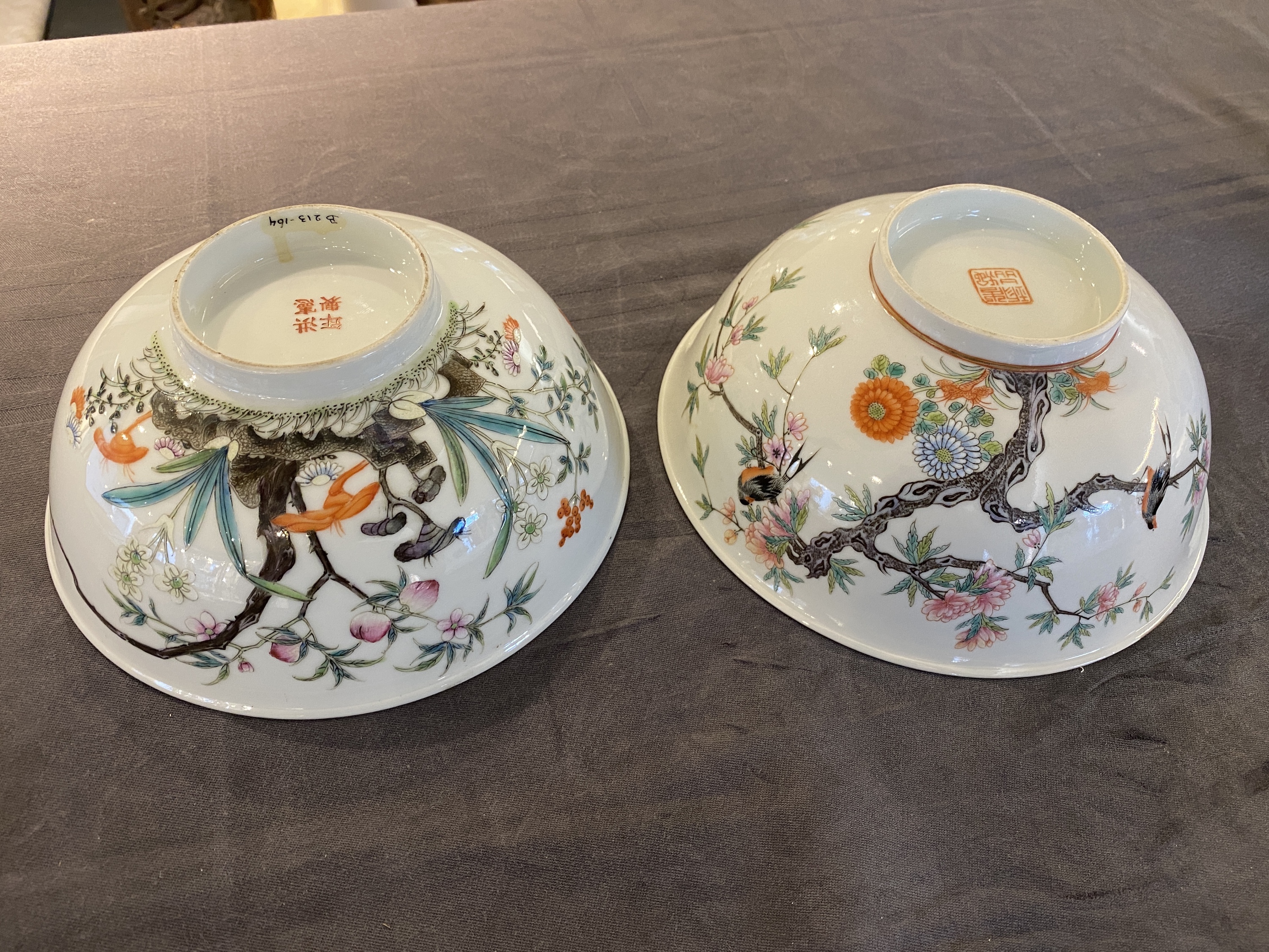 Two Chinese famille rose 'magpie and peaches' bowls, Xuantong marks but probably Republic - Image 9 of 18