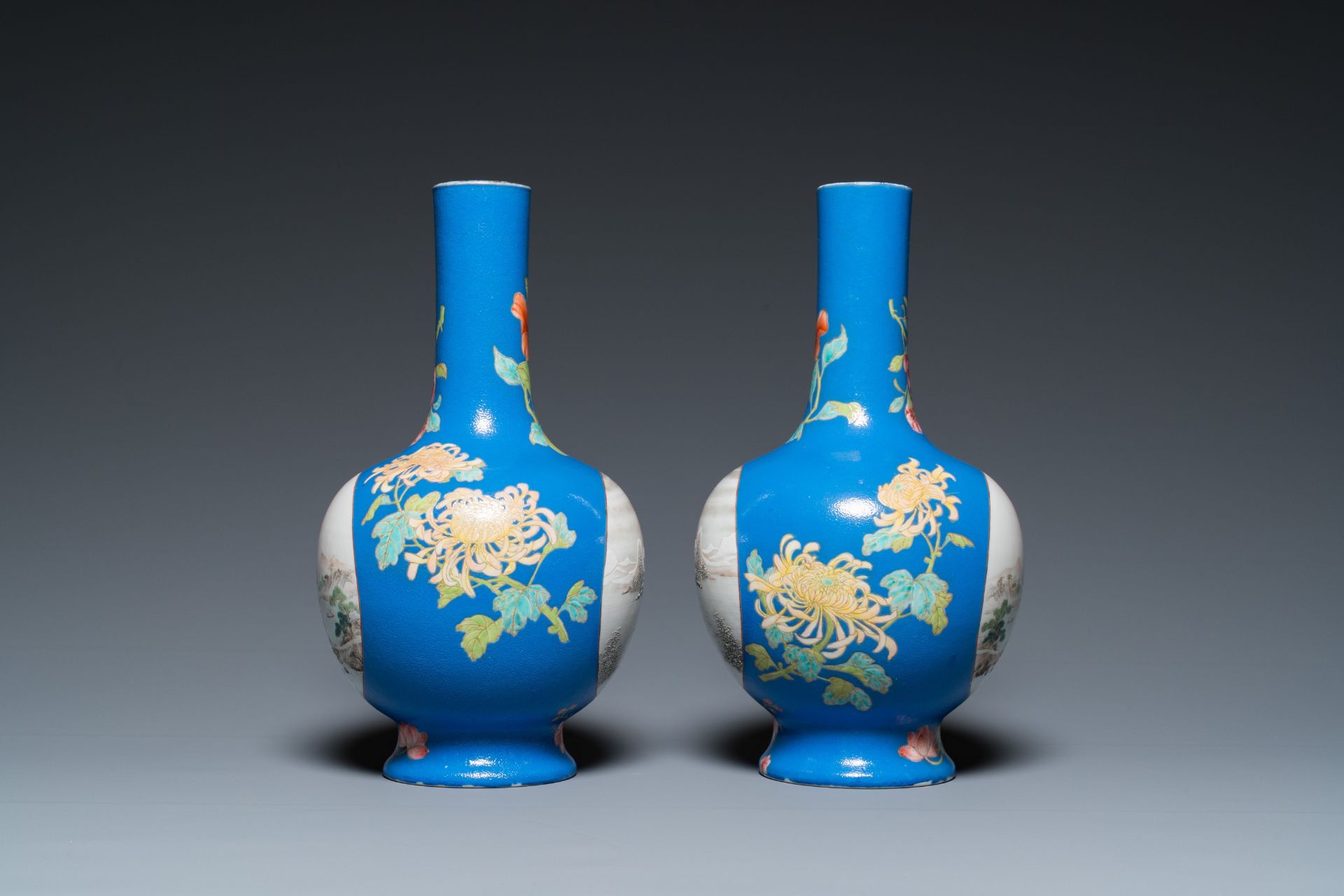 A pair of Chinese blue-ground famille rose vases, He Xuren ___ seal mark, 20th C. - Image 2 of 28