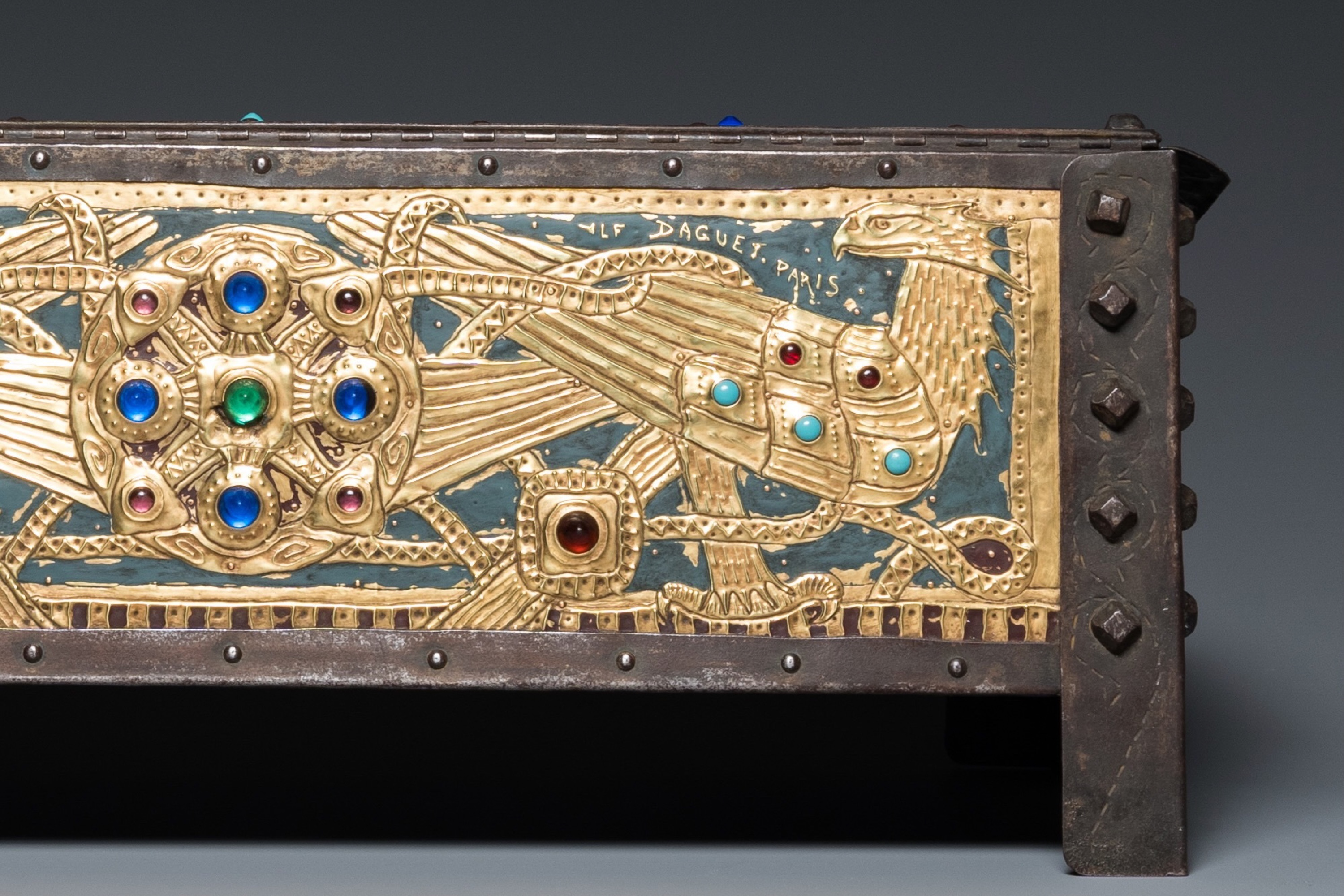 Alfred Daguet (Paris, 1875-1942): A Gothic revival repoussŽ brass and copper-mounted metal box with - Image 5 of 10