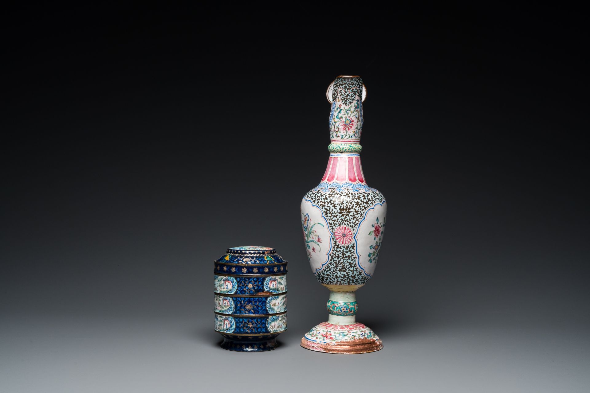 Two Chinese Canton enamel dishes, a ewer, a mirror handle and a stacking box, 18/19th C. - Image 7 of 11