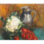 Sadji (Sha Qi, Sha Yinnian) (1914-2005): Still life with cauliflower, tomatoes and a stoneware ewer,