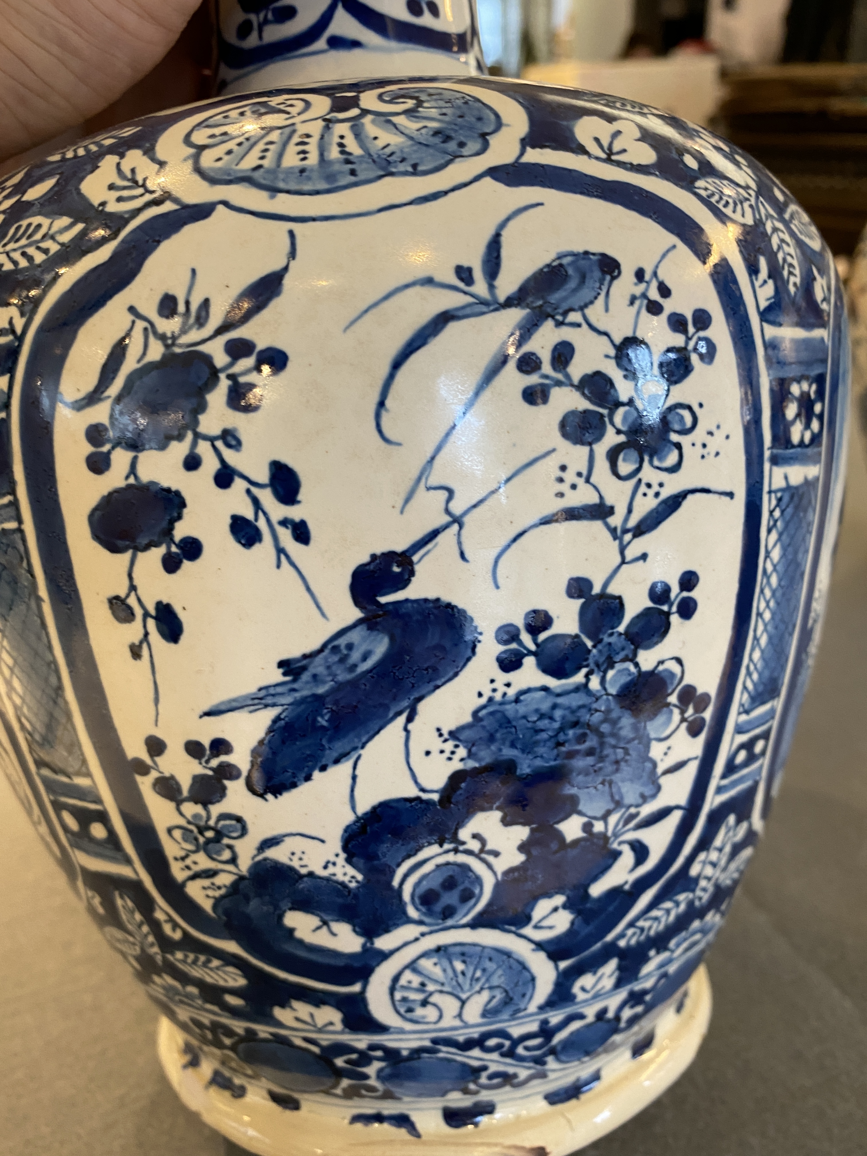A pair of Dutch Delft blue and white chinoiserie bottle vases, 18th C. - Image 11 of 33