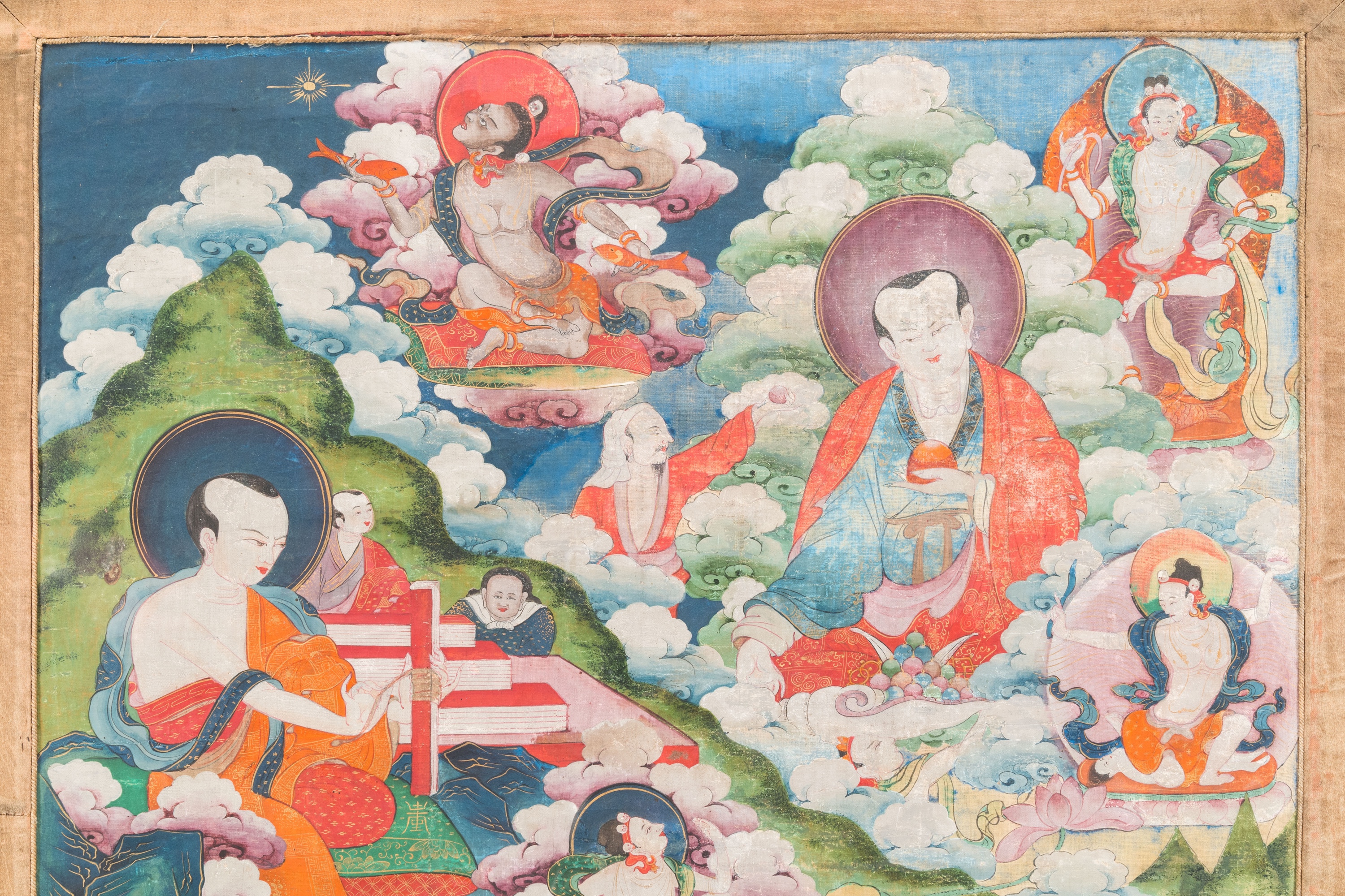 A thangka depicting Luohan surrounded by deities, Tibet, 17/18th C. - Image 3 of 6