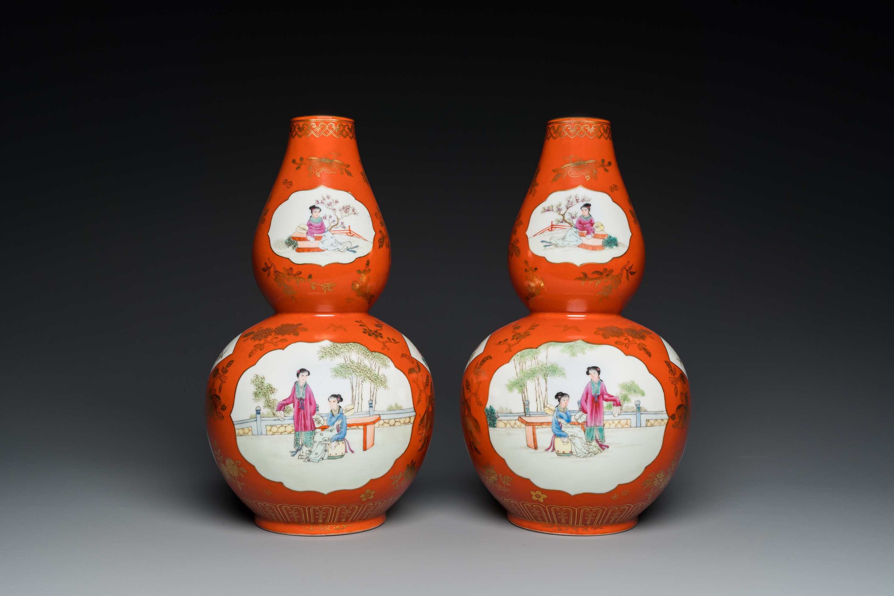 A pair of Chinese coral-ground famille rose double gourd vases, Qianlong mark, Republic - Image 3 of 6