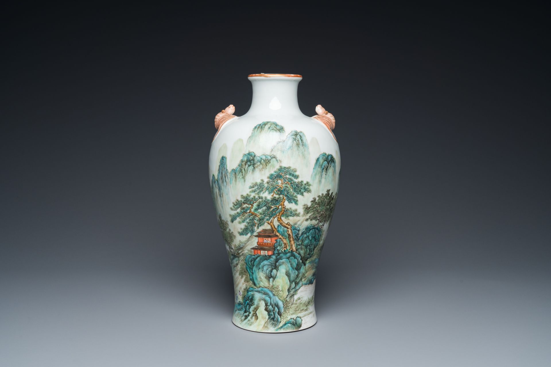 A Chinese famille verte 'meiping' vase with a fine landscape, Republic