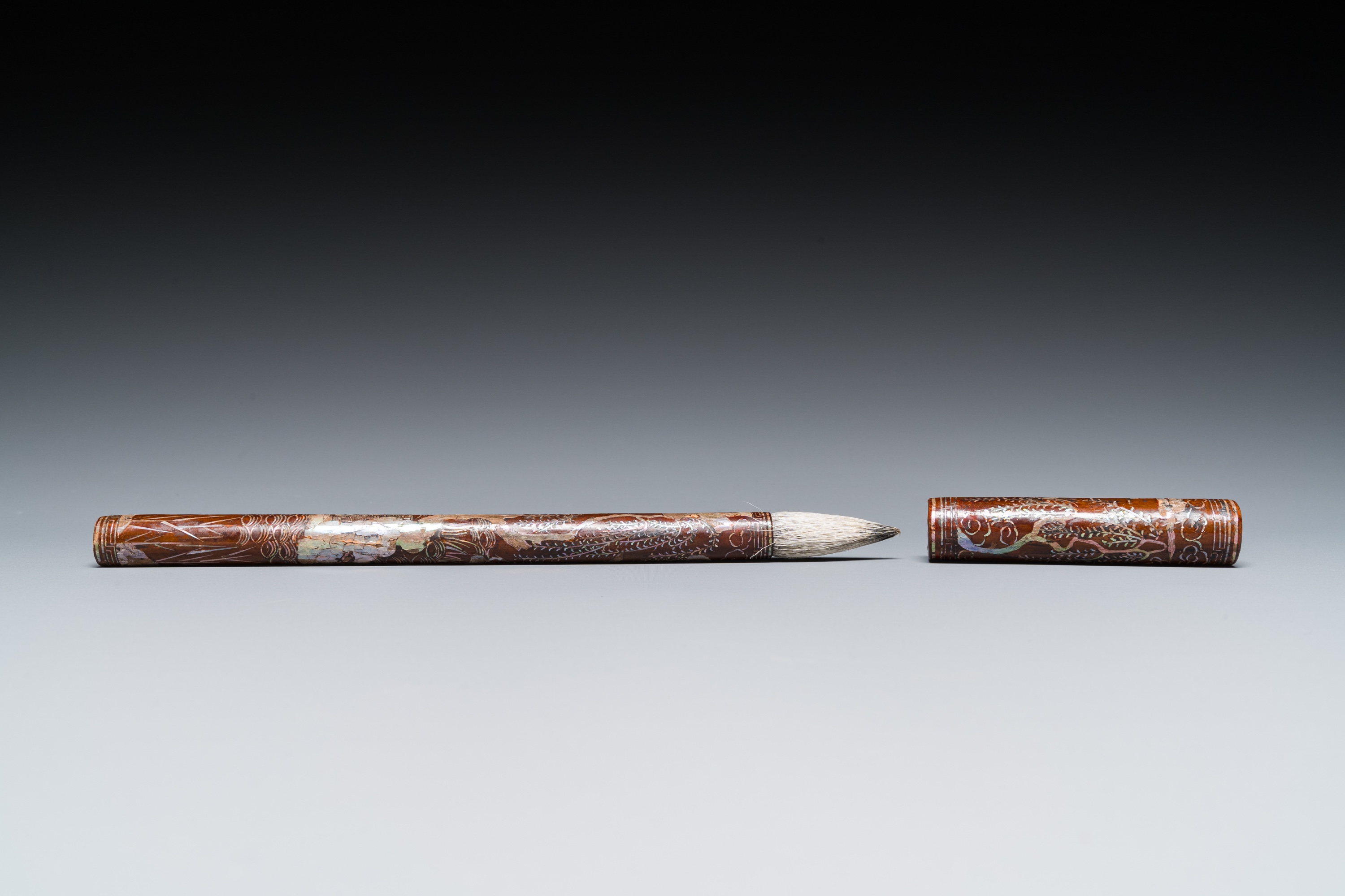 A Chinese mother-of-pearl-inlaid brown lacquer brush, Ming - Image 4 of 8