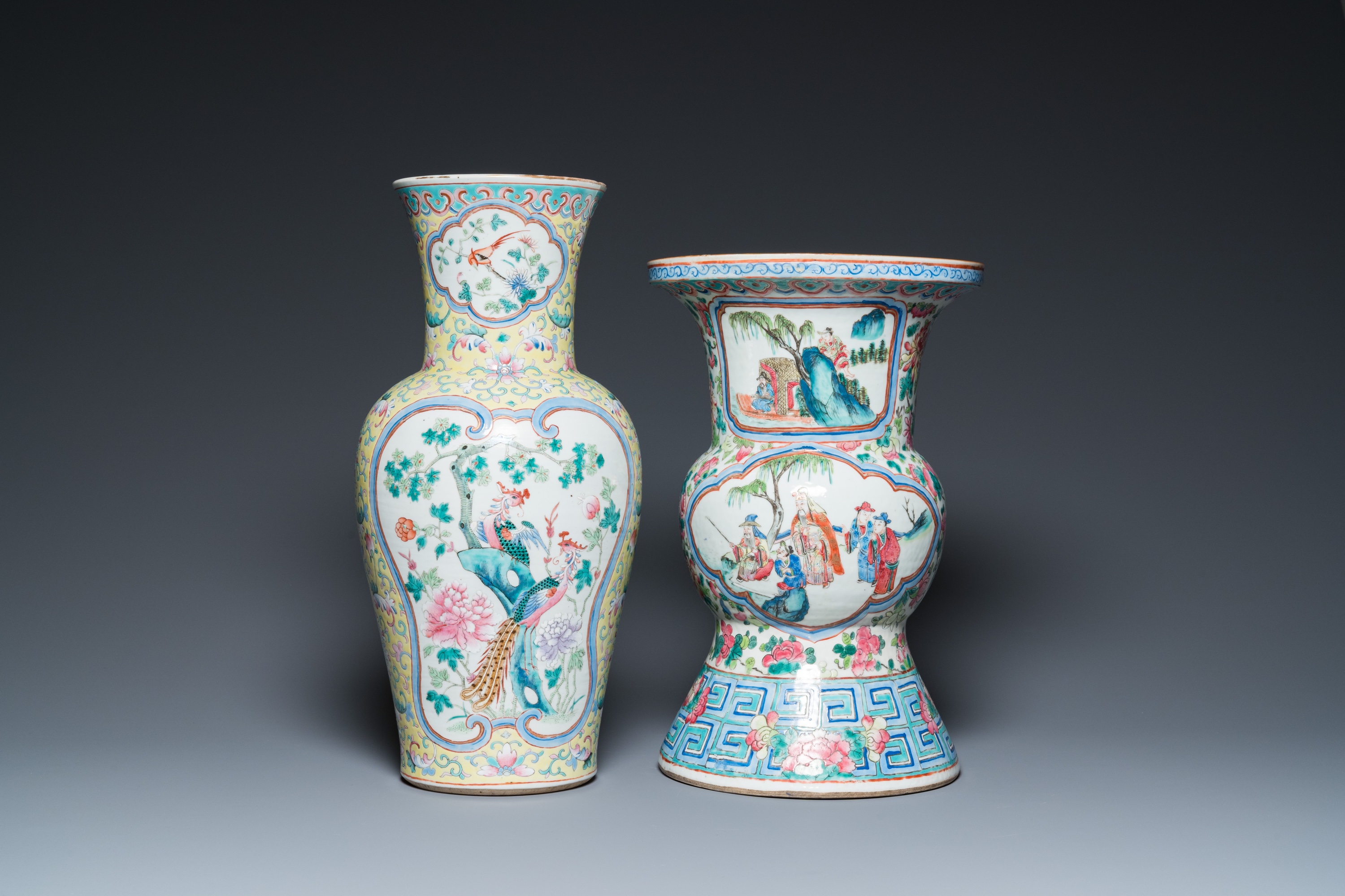 A Chinese famille rose yellow-ground 'phoenix' vase and a large spittoon, 19th C. - Image 3 of 6