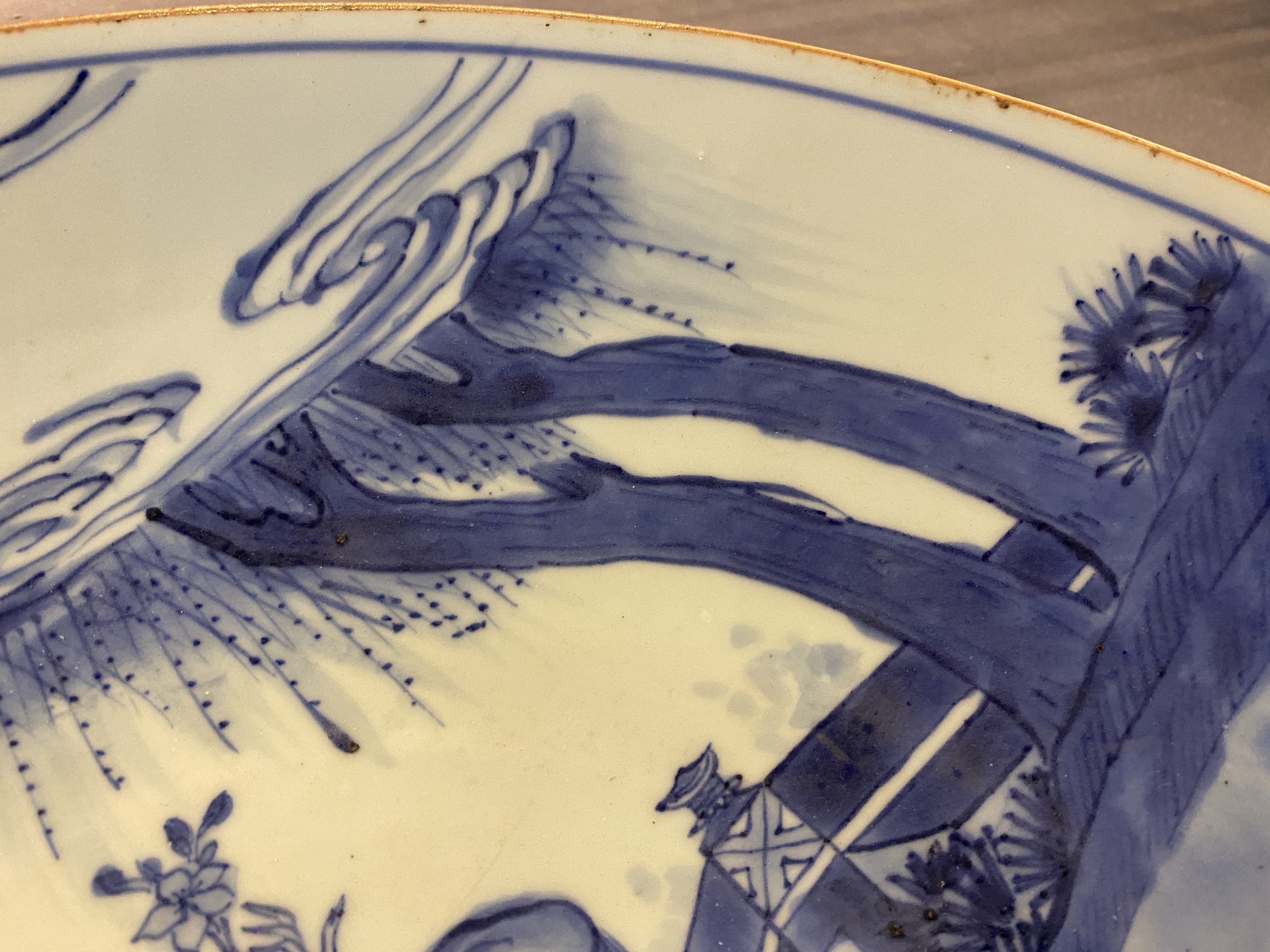 A large Chinese blue and white 'lady and boy' dish, Kangxi mark and of the period - Image 7 of 13