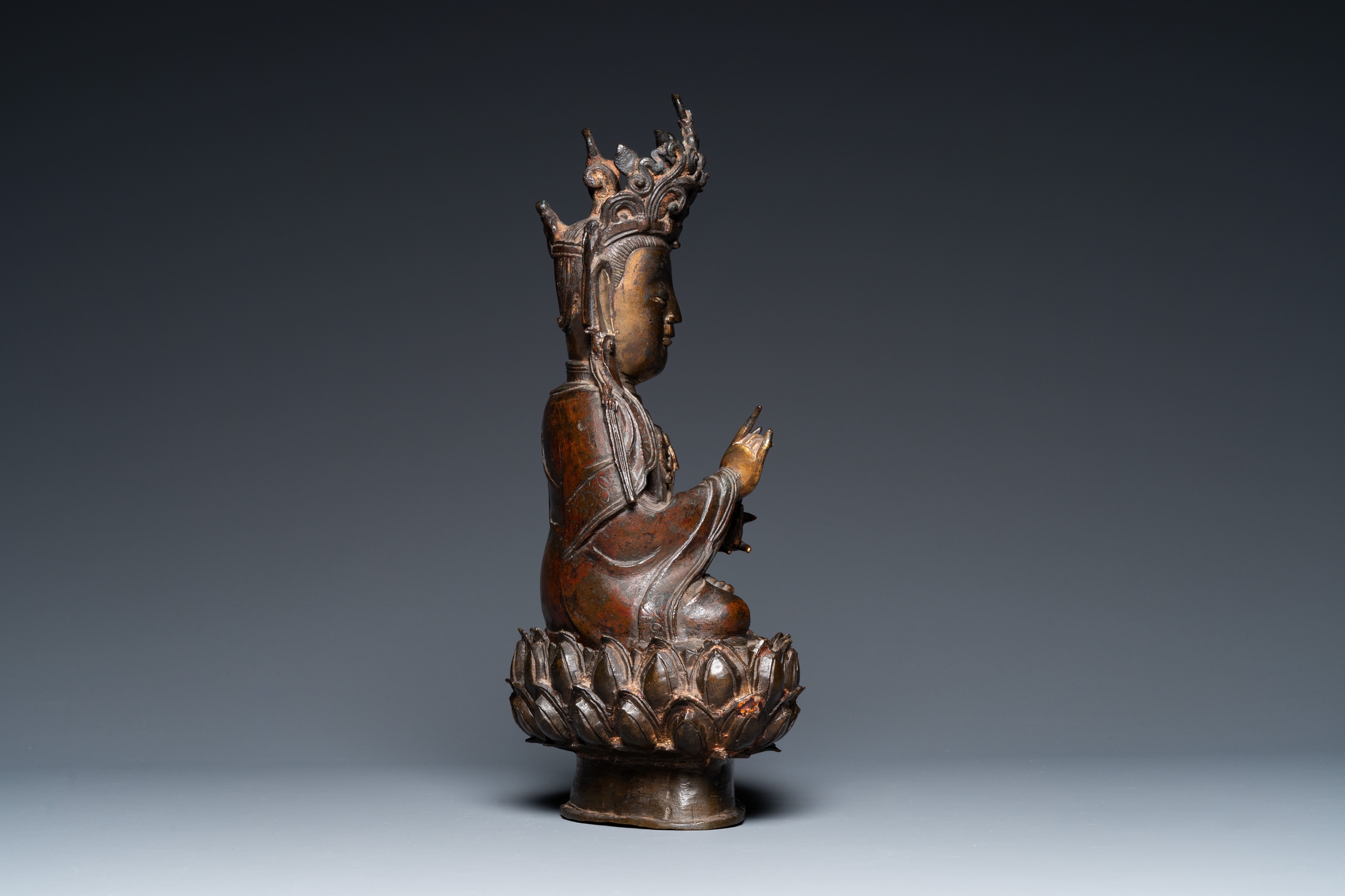A Chinese partly gilt bronze figure of Guanyin on a lotus throne, Ming - Image 5 of 31