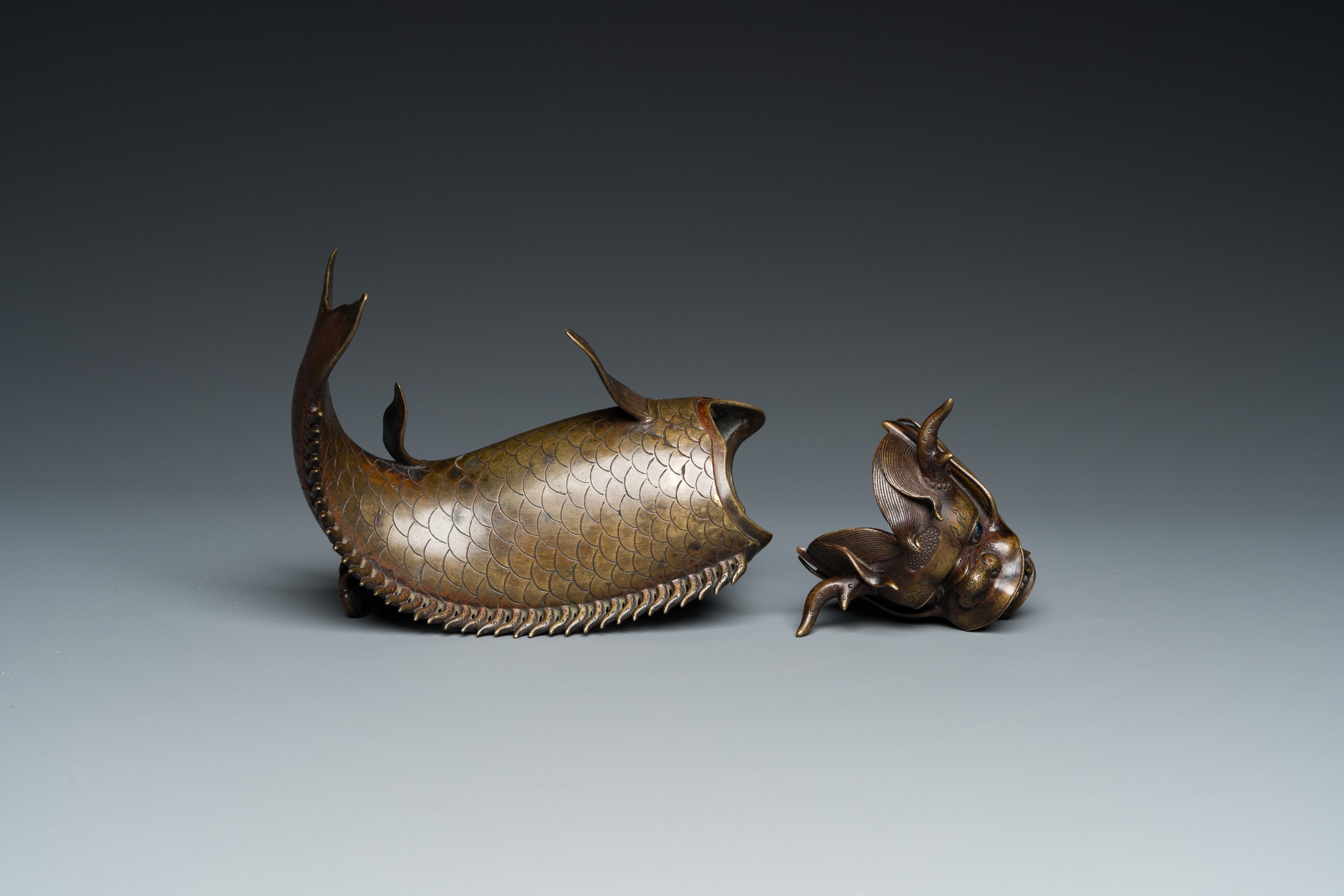 A Chinese bronze dragonfish form censer, Ming - Image 4 of 29