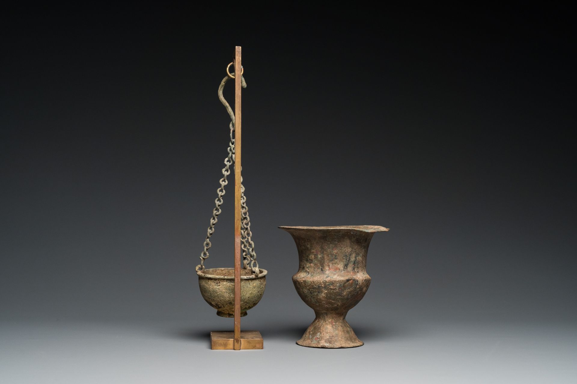 A Byzantine or Roman bronze vase and a hanging incense burner, 5/7th C. - Image 6 of 9