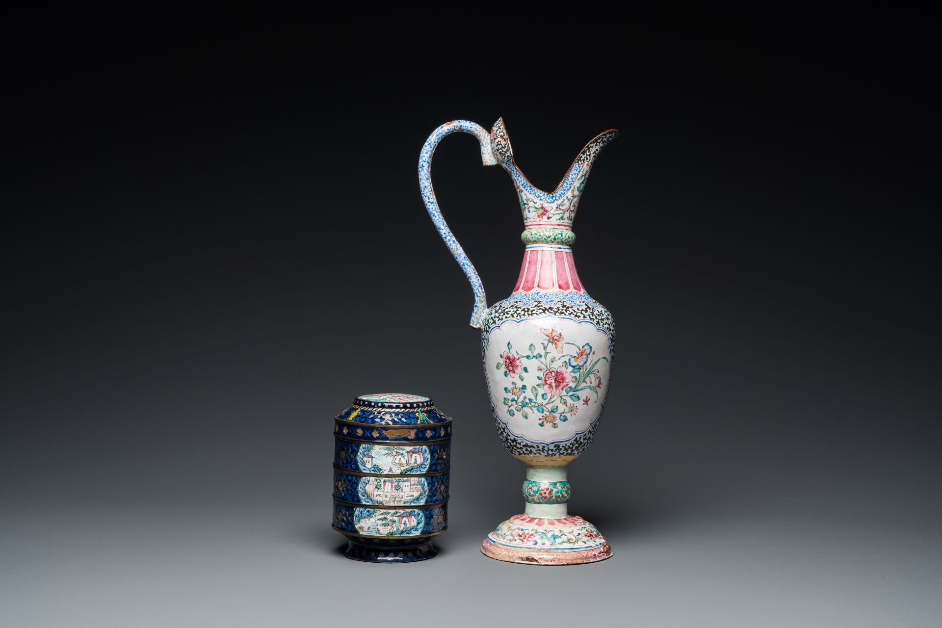 Two Chinese Canton enamel dishes, a ewer, a mirror handle and a stacking box, 18/19th C. - Image 6 of 11