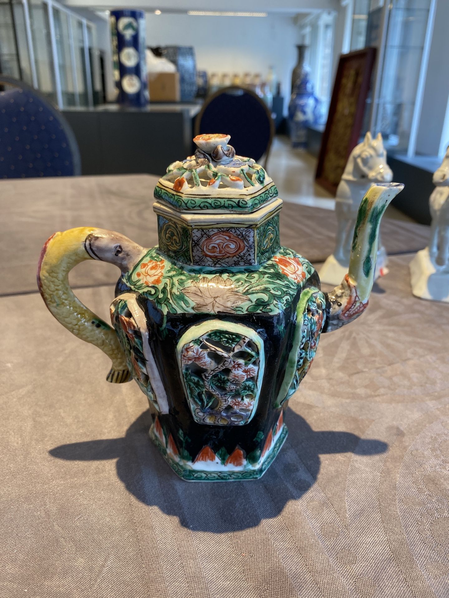 A Chinese verte biscuit reticulated teapot and cover, Kangxi - Image 10 of 37