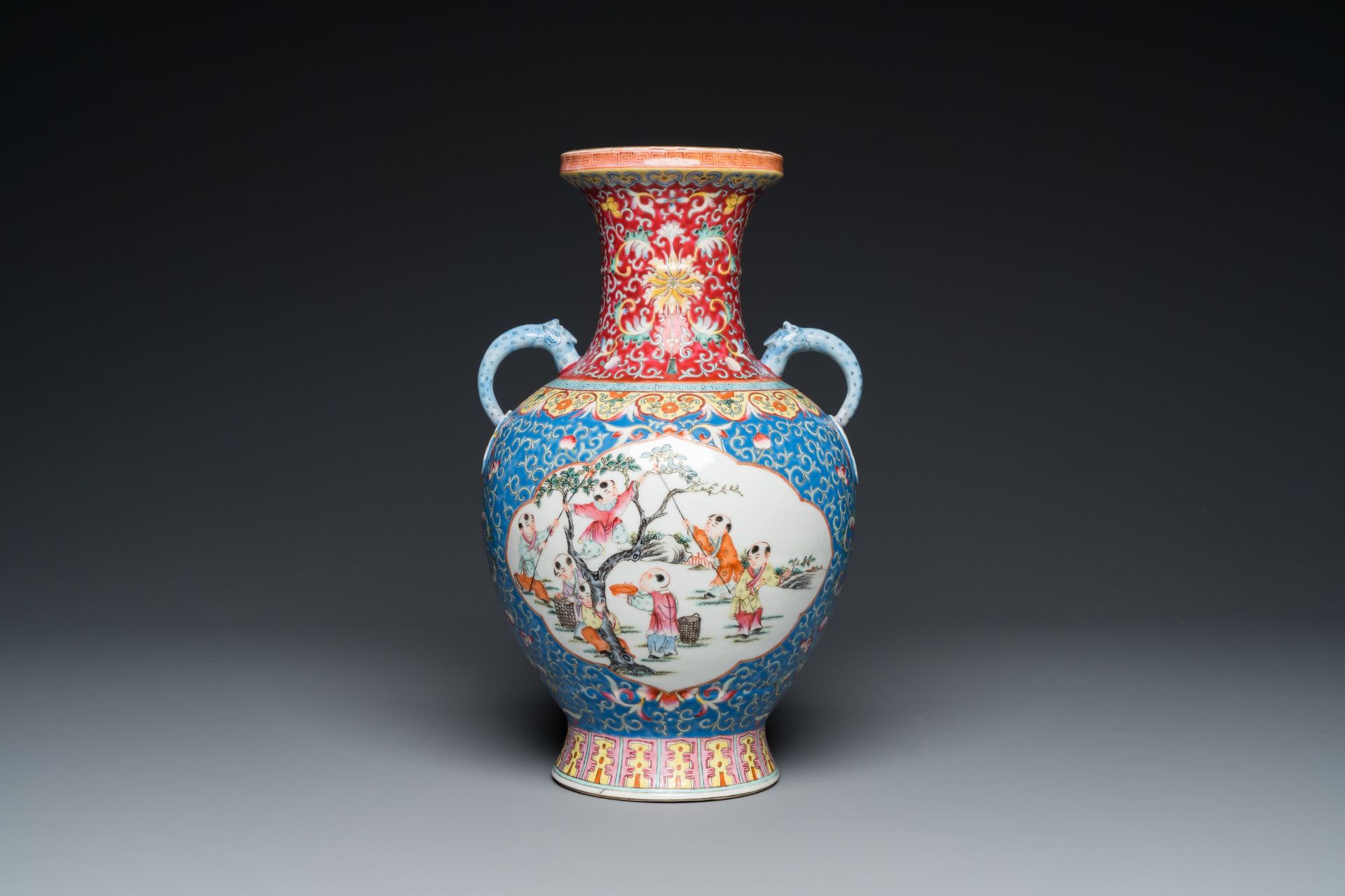 A Chinese famille rose 'playing boys' vase, Qianlong mark, Republic - Image 3 of 20