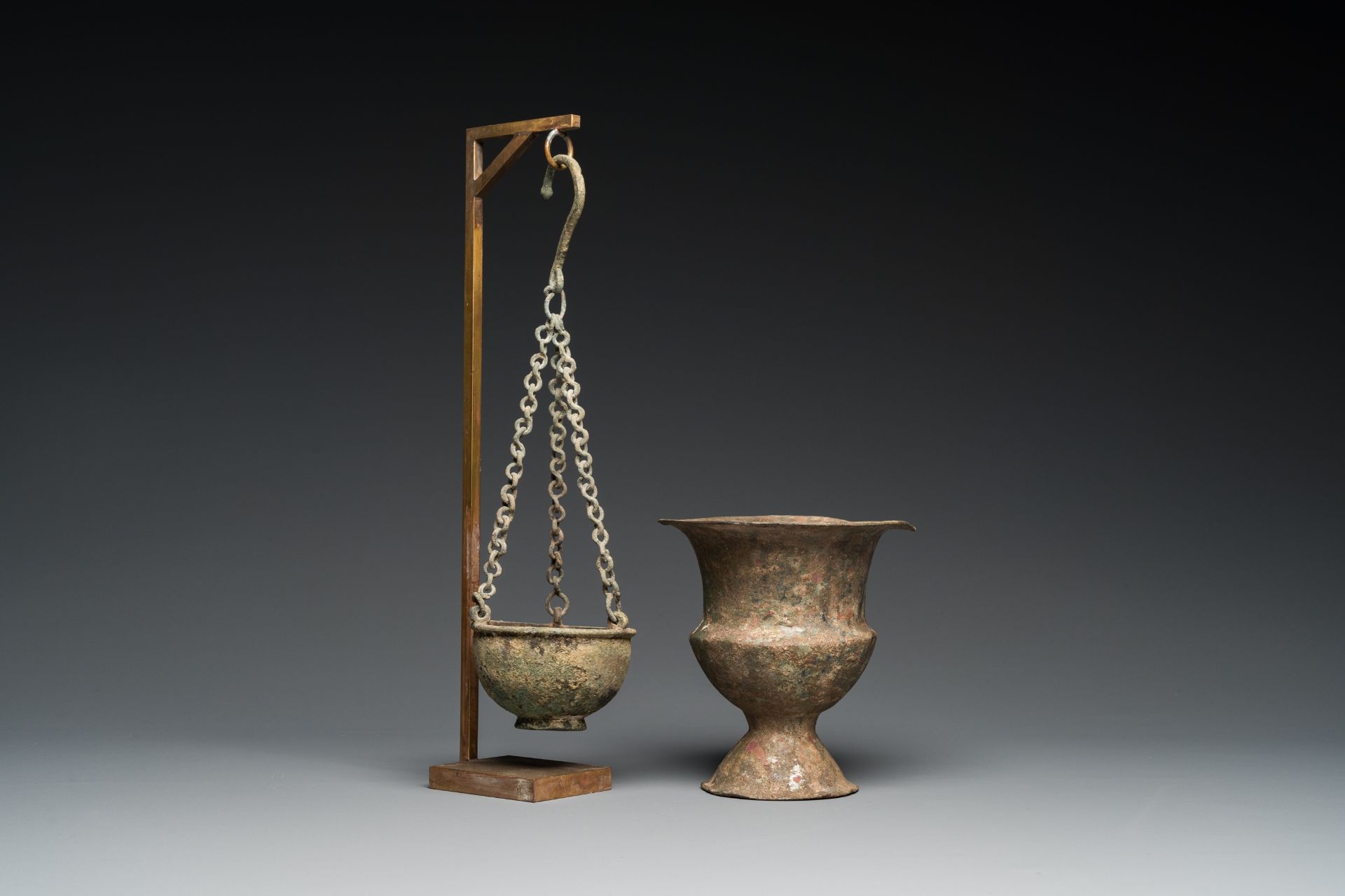 A Byzantine or Roman bronze vase and a hanging incense burner, 5/7th C. - Image 2 of 9