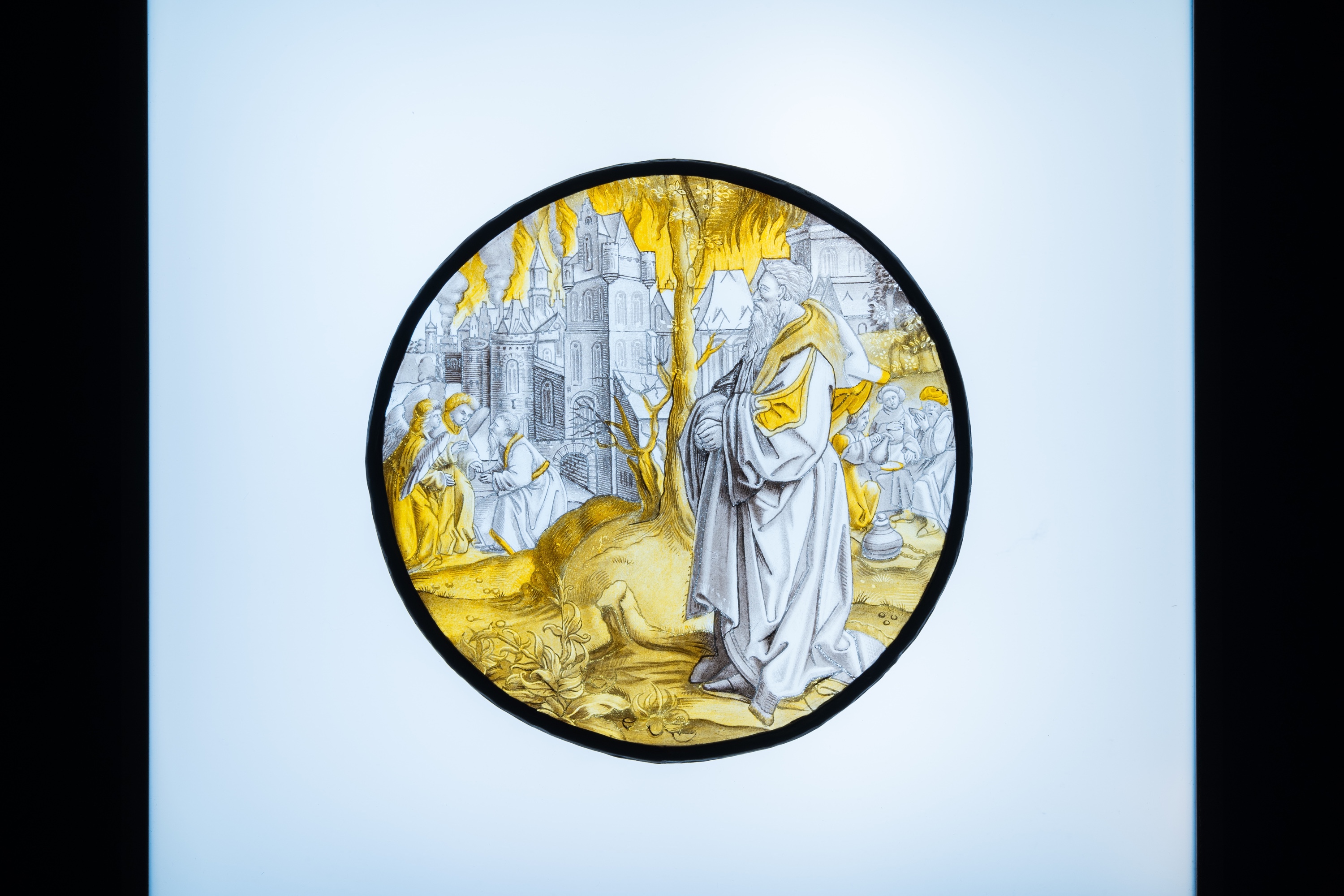 Two painted glass roundels depicting 'The Last Judgment' & 'Abraham sees Sodom in flames', Southern - Image 5 of 7