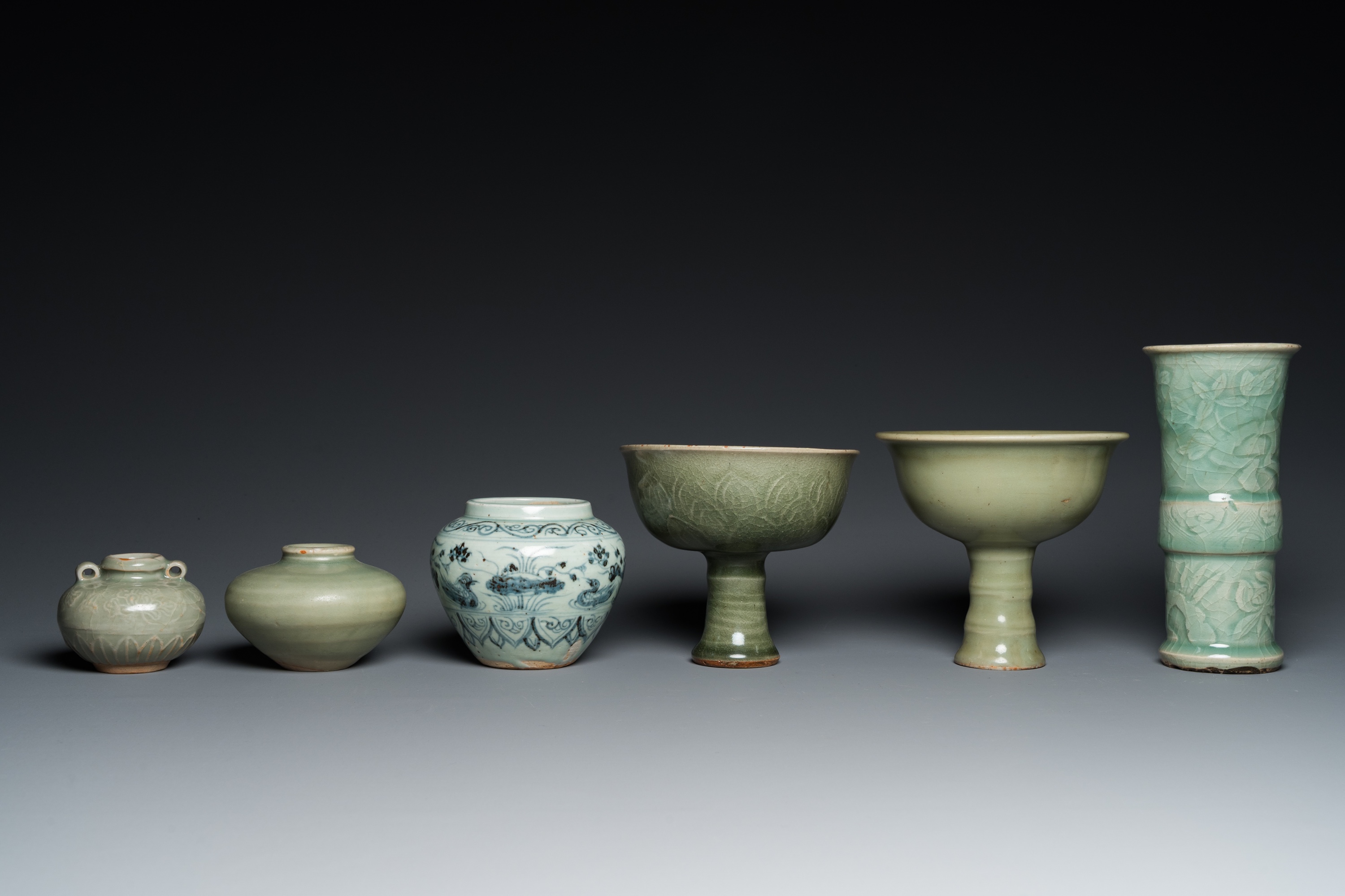 Three Chinese celadon-glazed vases, two stem cups and a blue and white vase, Ming - Image 2 of 7