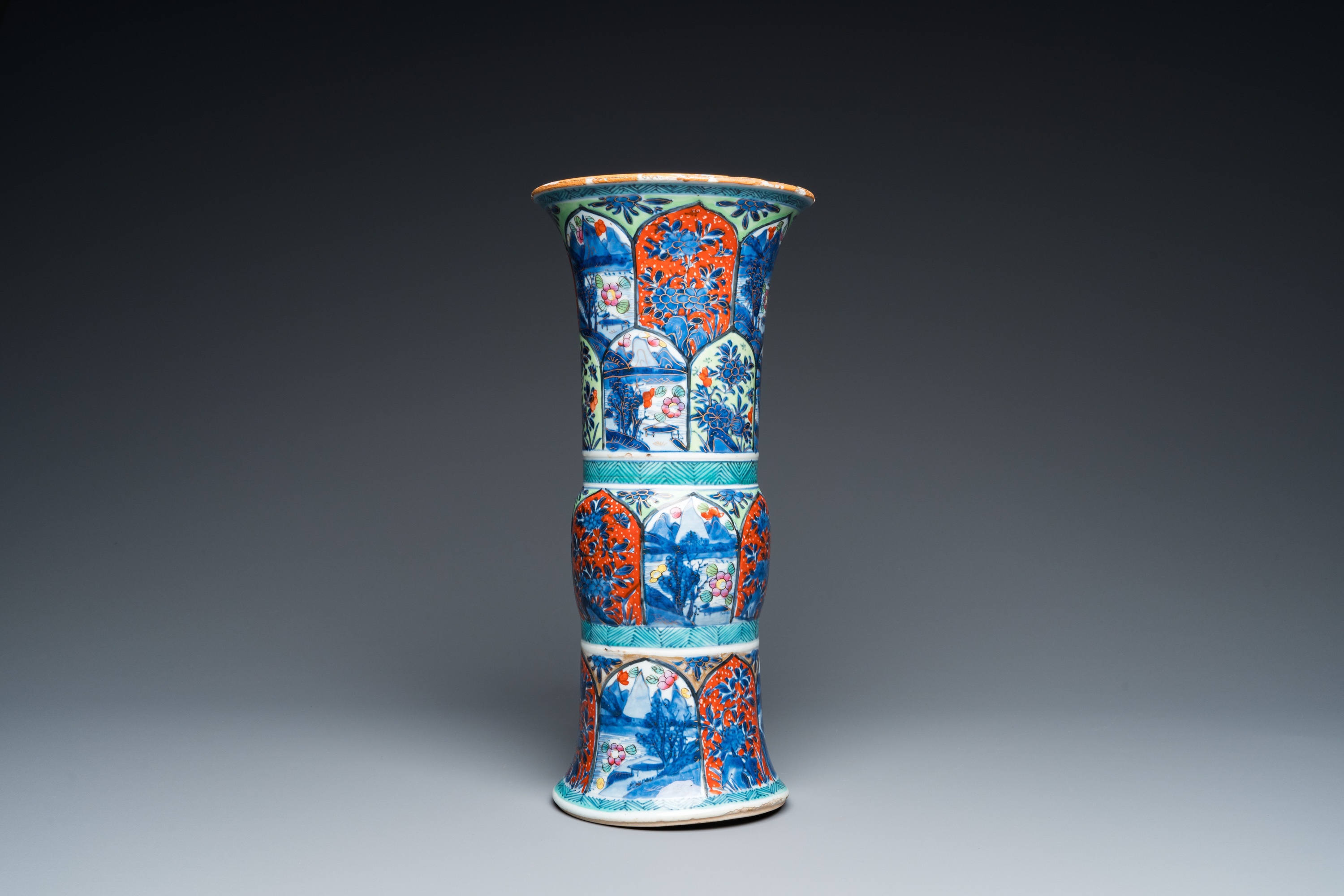 A Chinese blue and white 'gu' vase with European clobbered design, Kangxi - Image 6 of 8