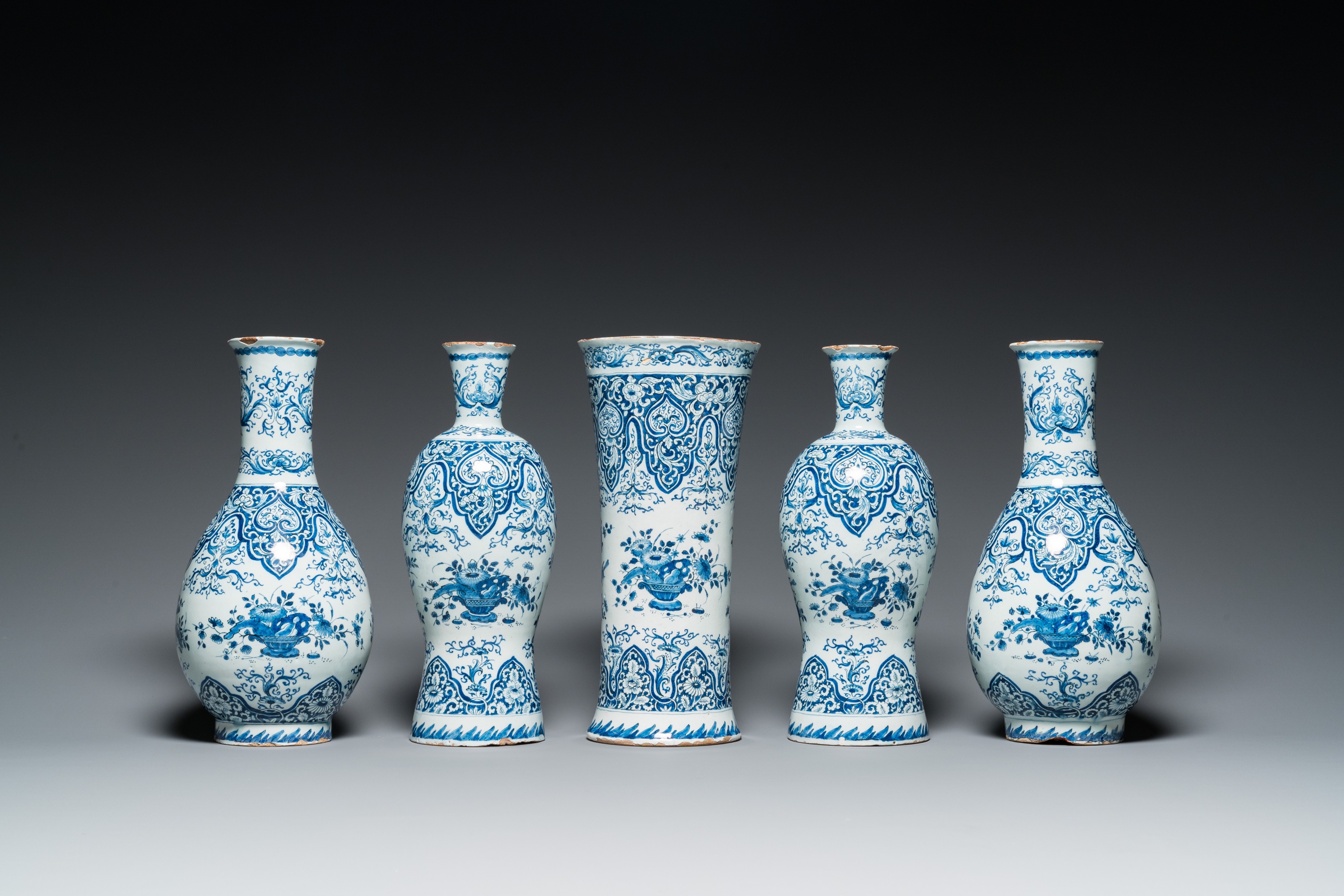 A fine Dutch Delft blue and white five-piece garniture, 1st quarter 18th C. - Image 3 of 8