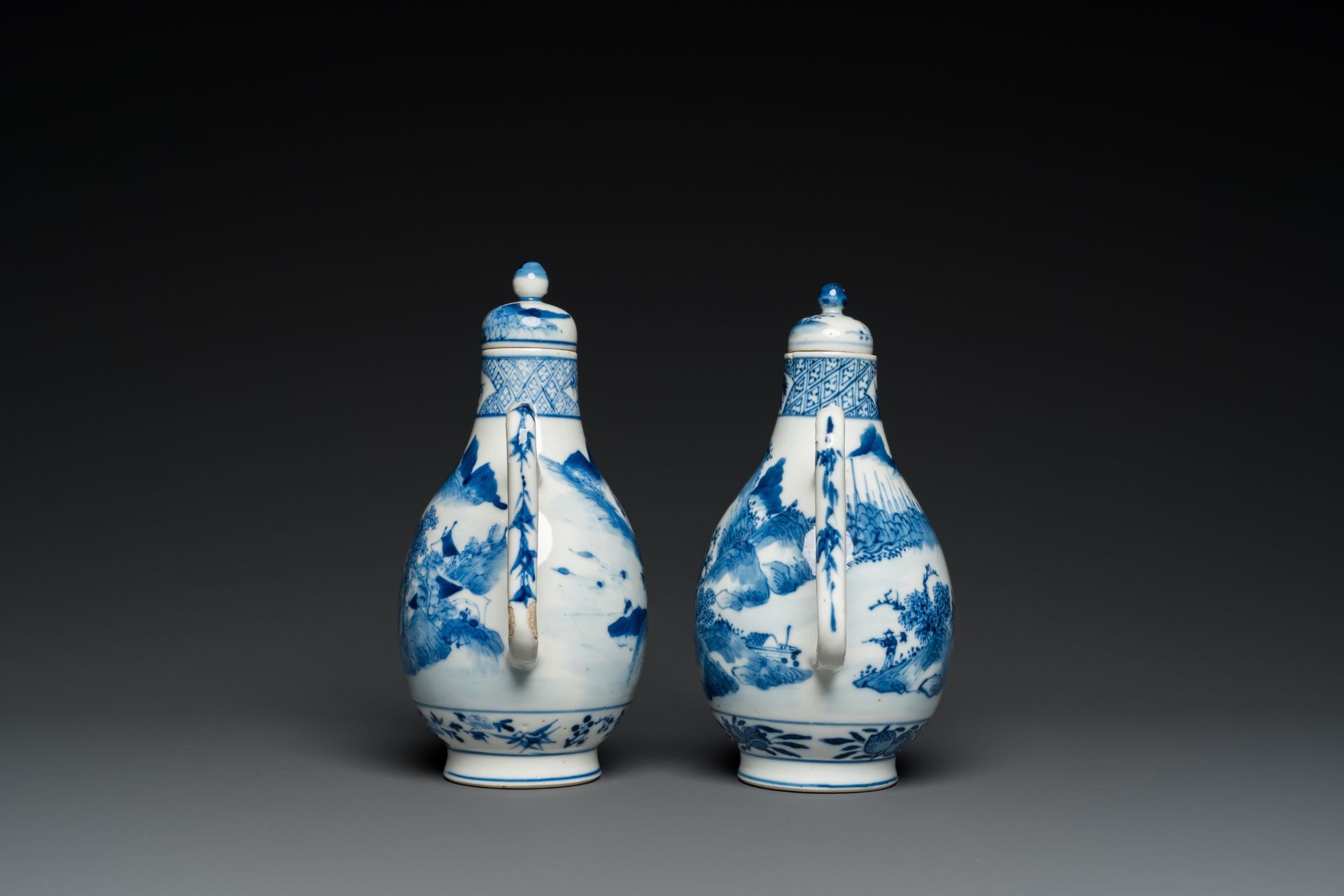 A pair of Chinese blue and white 'landscape' ewers and covers, possibly for the Vietnamese market, 1 - Image 3 of 7