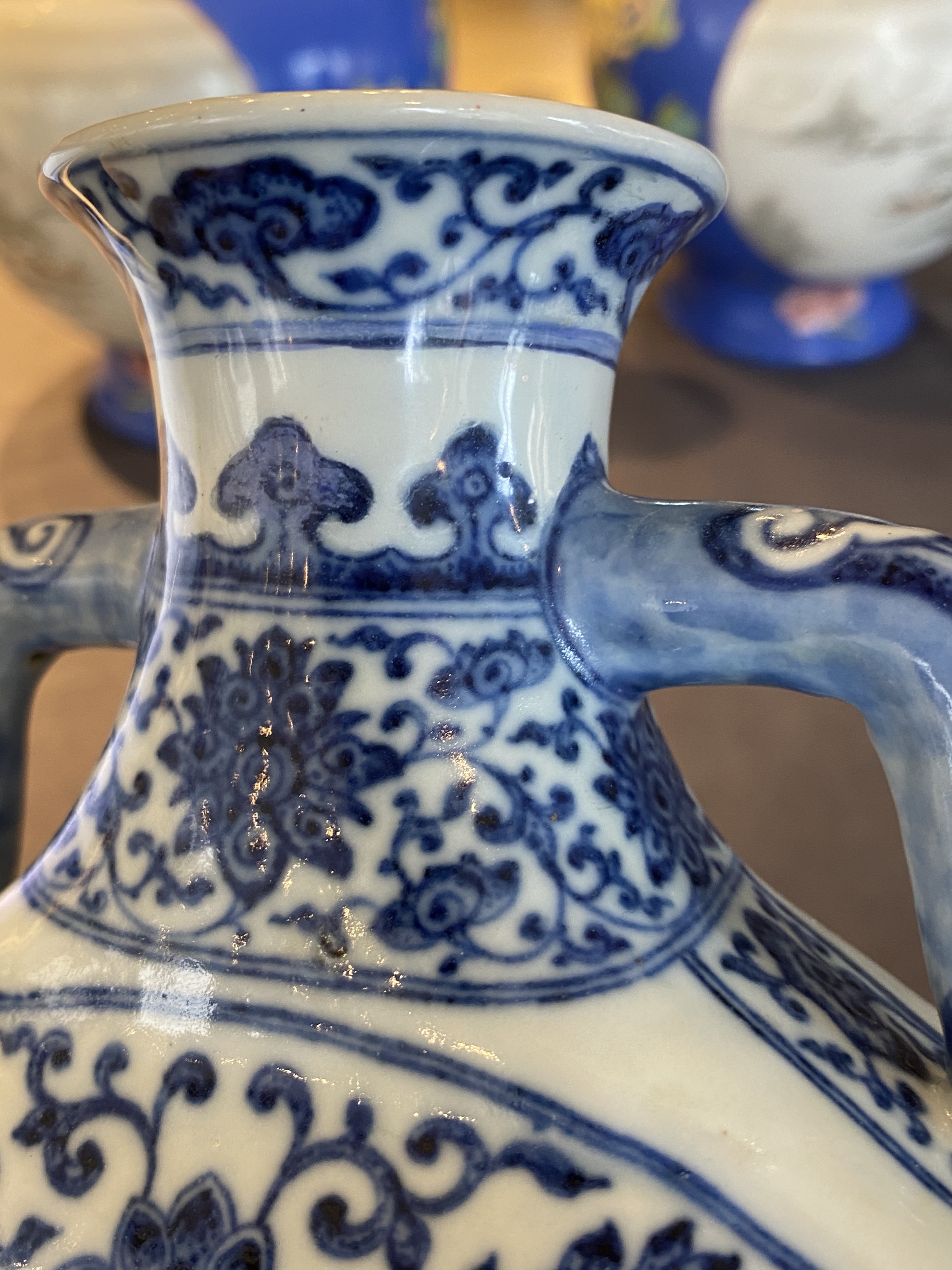 A Chinese blue and white Ming-style 'peaches' moonflask or 'bianhu', Jiaqing mark and of the period - Image 13 of 25