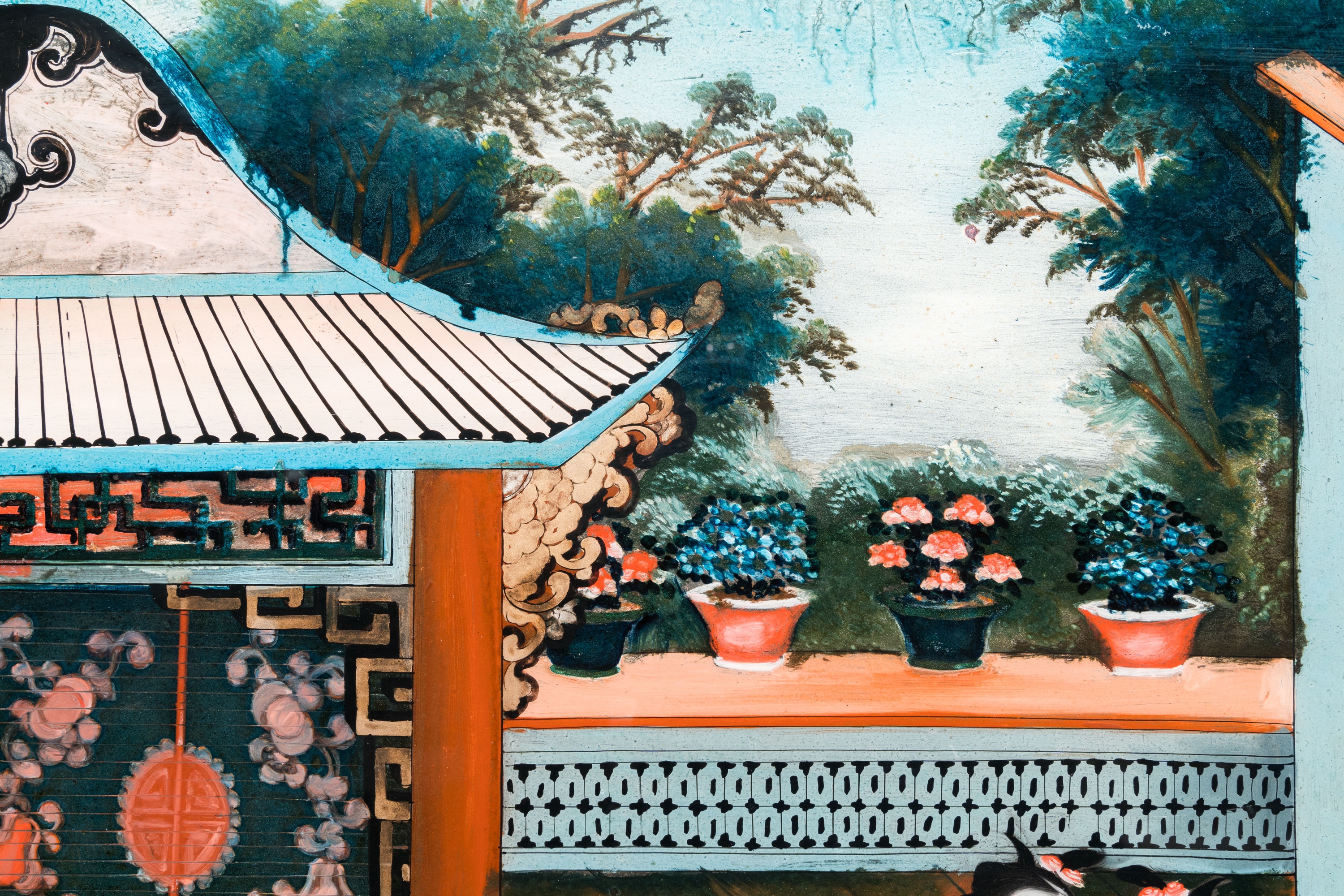 A Chinese reverse glass painting in original frame, Canton, 1st half 19th C. - Image 6 of 6