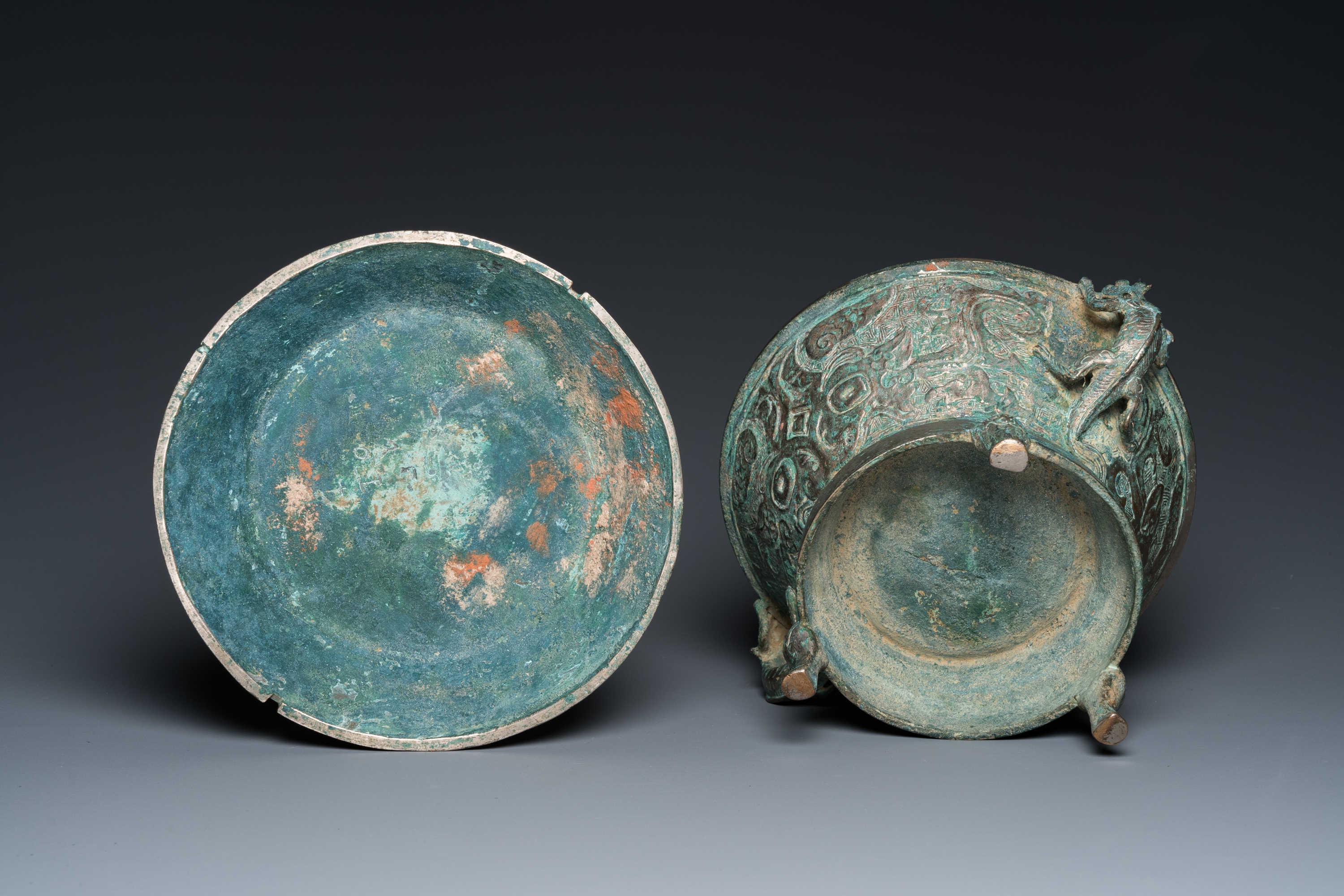 A Chinese inscribed archaistic bronze tripod censer and cover, Ming - Image 7 of 11