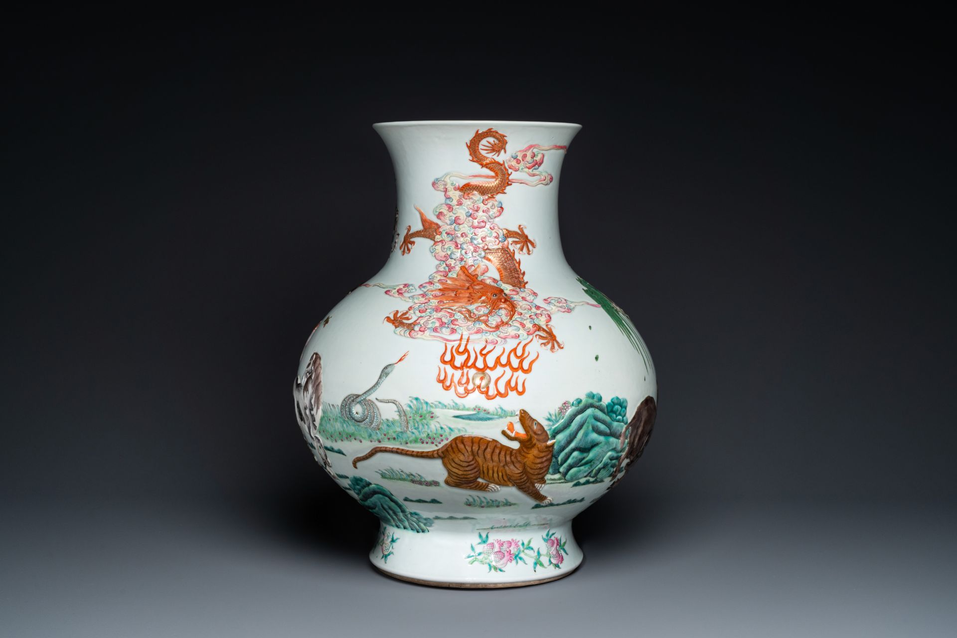 An impressive large relief-molded Chinese famille rose 'Twelve zodiac animals' vase, Qianlong mark,