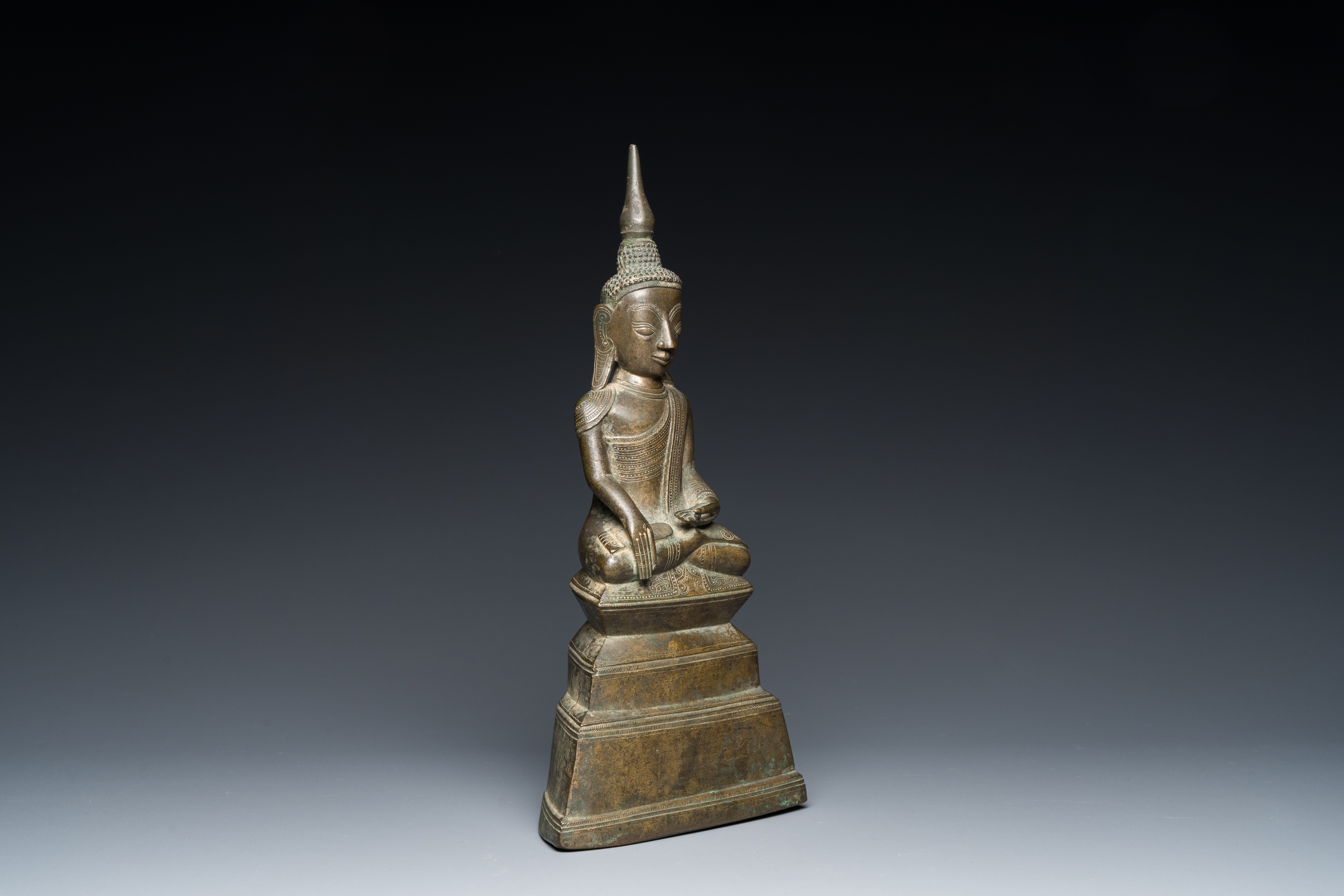 A Burmese bronze Shan-style Buddha Shakyamuni with inscription, Konbaung dynasty, 18th C.