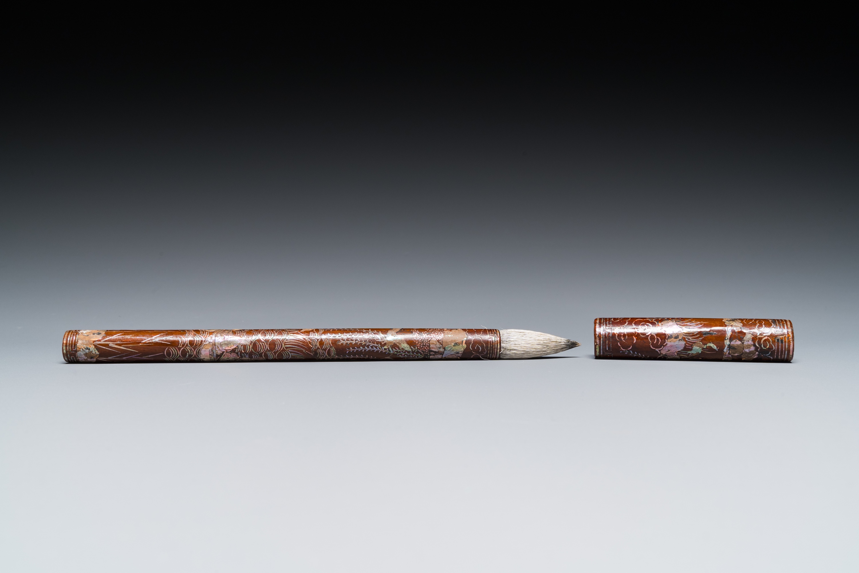 A Chinese mother-of-pearl-inlaid brown lacquer brush, Ming - Image 6 of 8