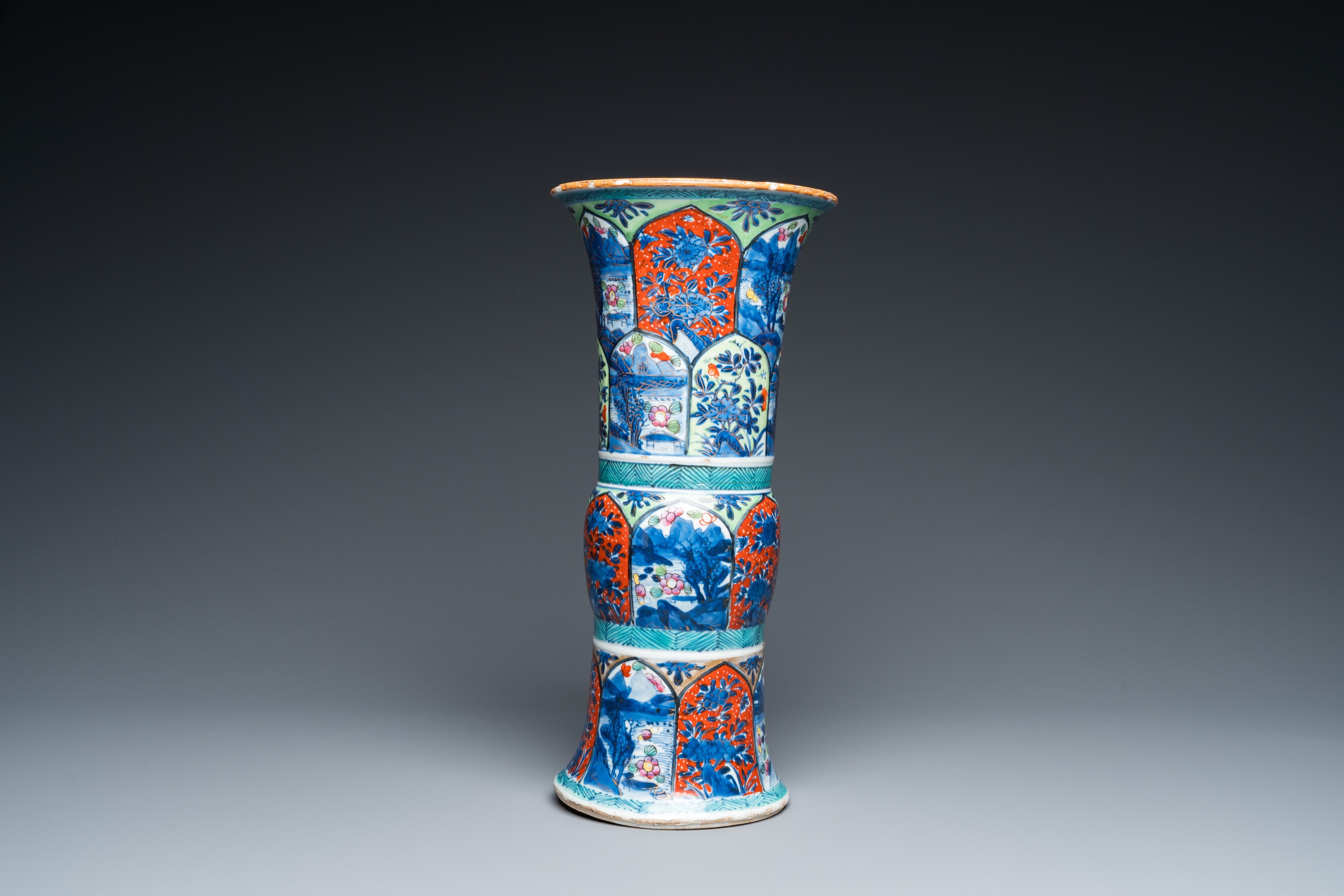 A Chinese blue and white 'gu' vase with European clobbered design, Kangxi - Image 4 of 8