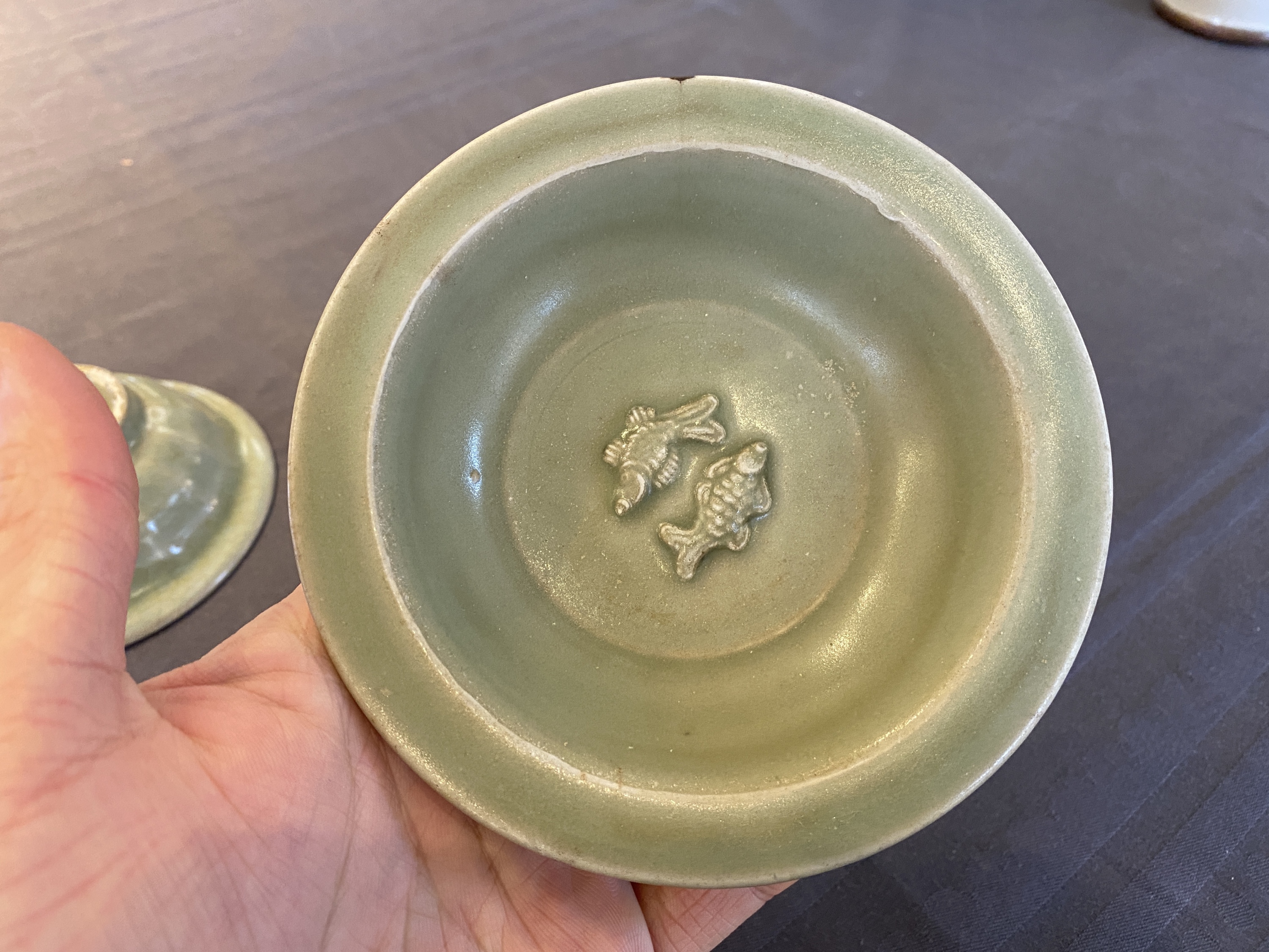 Two Chinese celadon-glazed bowls, one with twin fish, Ming - Image 9 of 14