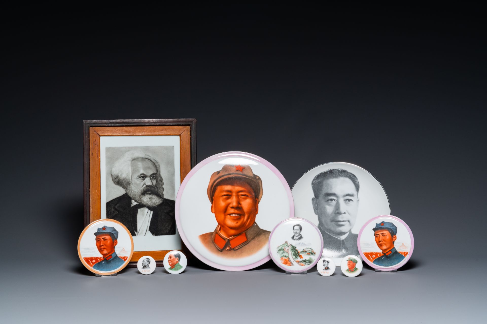 Nine Chinese communist portrait medallions and a plaque depicting Karl Marx, 20th C.