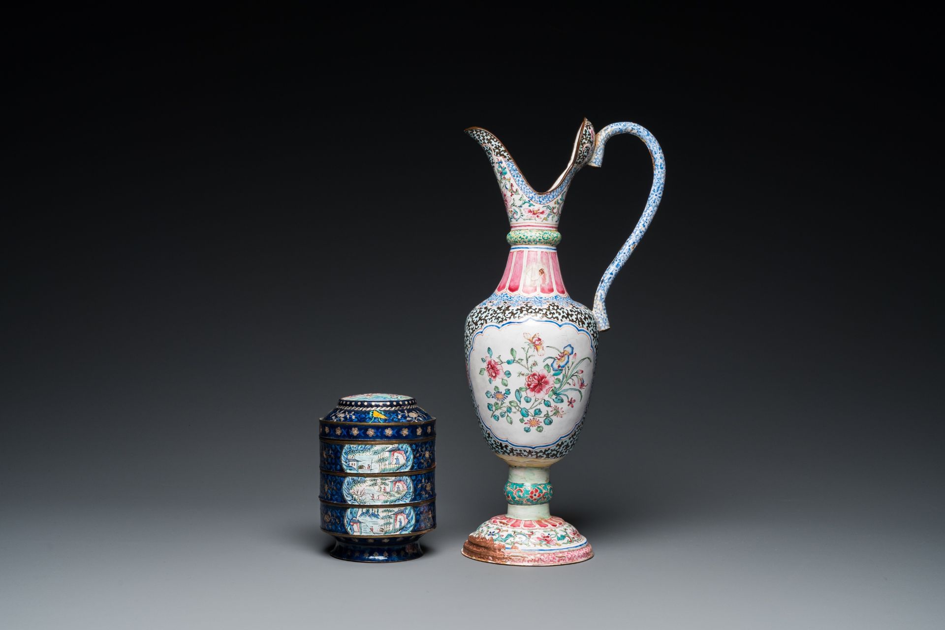 Two Chinese Canton enamel dishes, a ewer, a mirror handle and a stacking box, 18/19th C. - Image 4 of 11