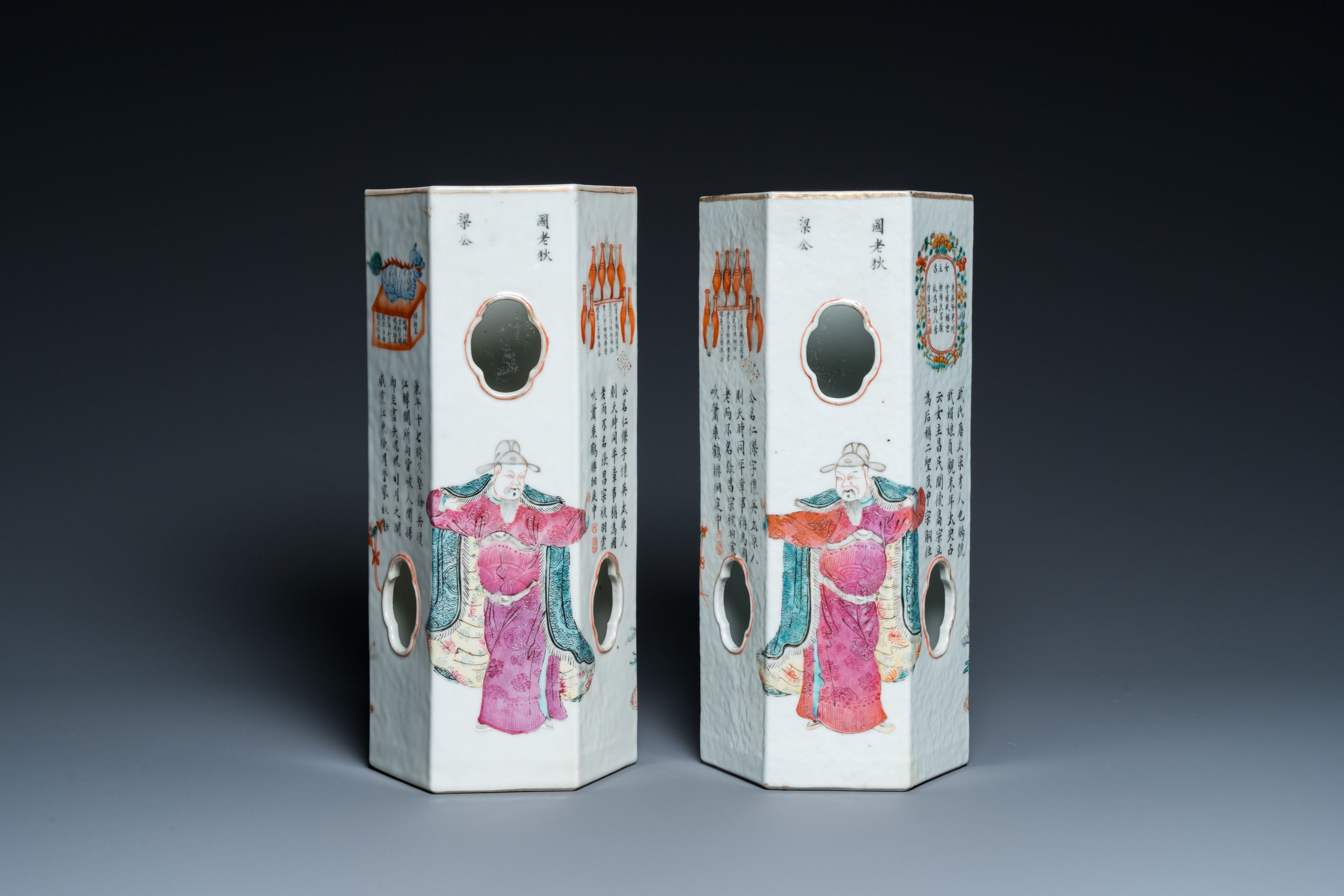 A pair of hexagonal Chinese reticulated famille rose 'Wu Shuang Pu' hat stands, Tongzhi mark and of