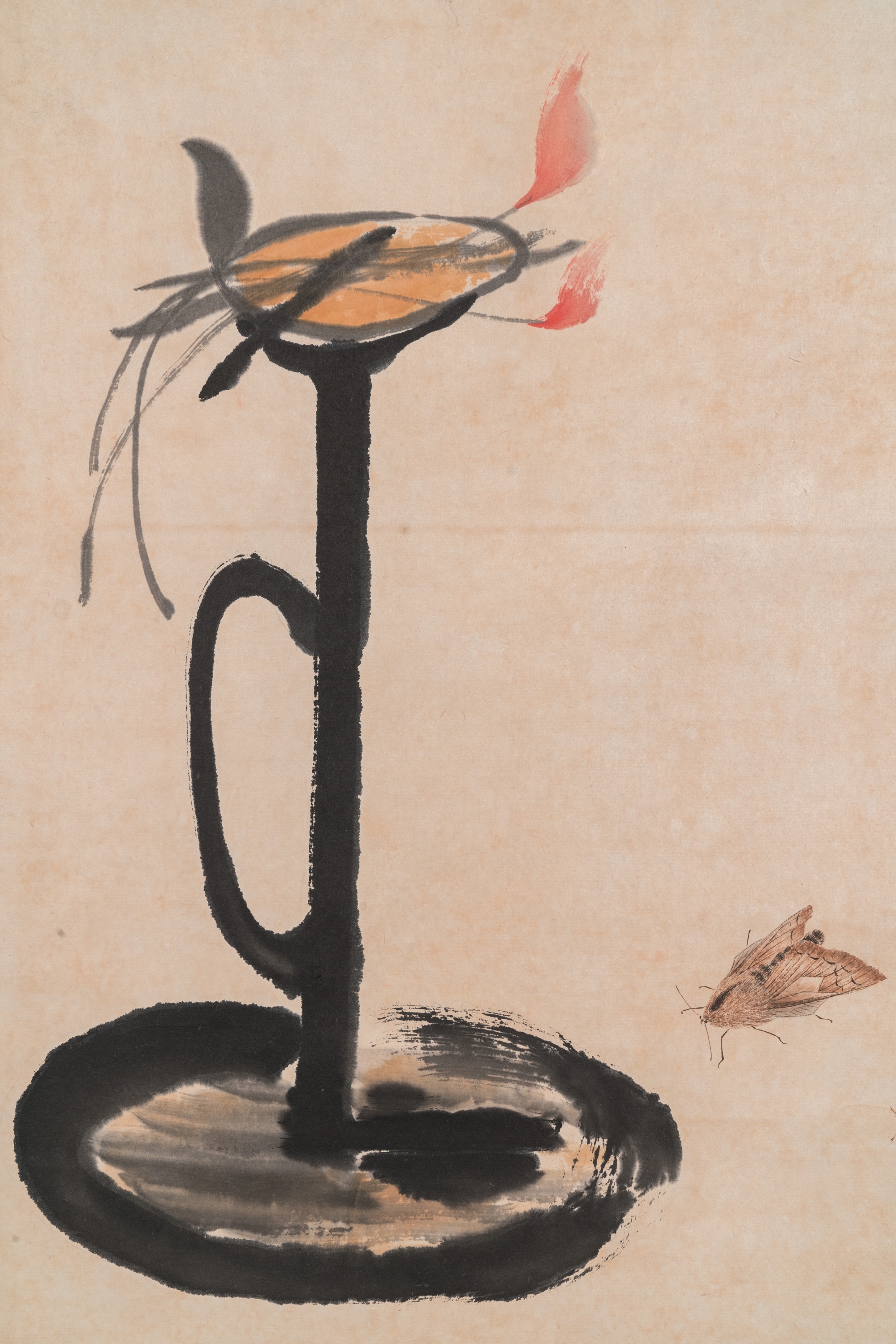 After Qi Baishi ___ (1864-1957): 'Oil lamp and moths', ink and colour on paper - Image 5 of 9