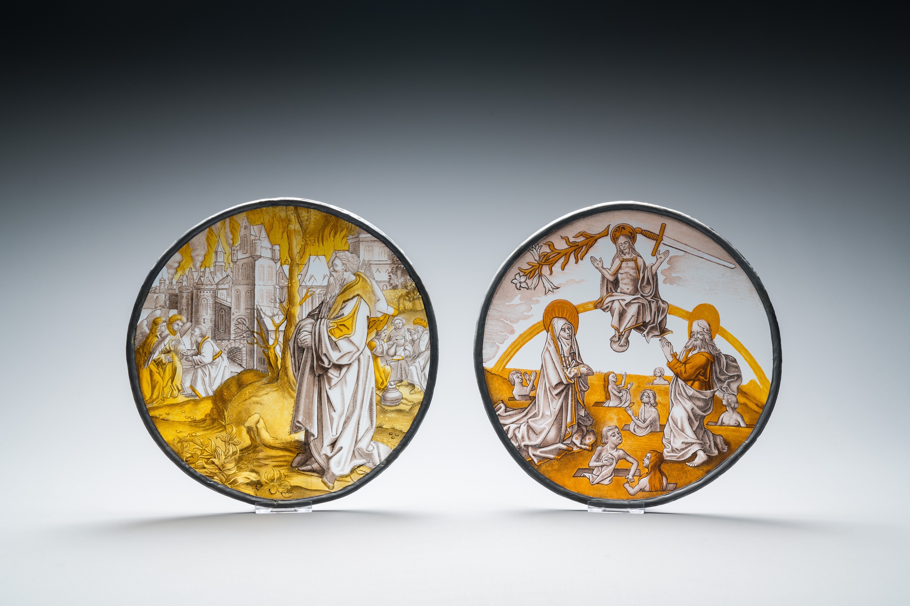 Two painted glass roundels depicting 'The Last Judgment' & 'Abraham sees Sodom in flames', Southern - Image 3 of 7