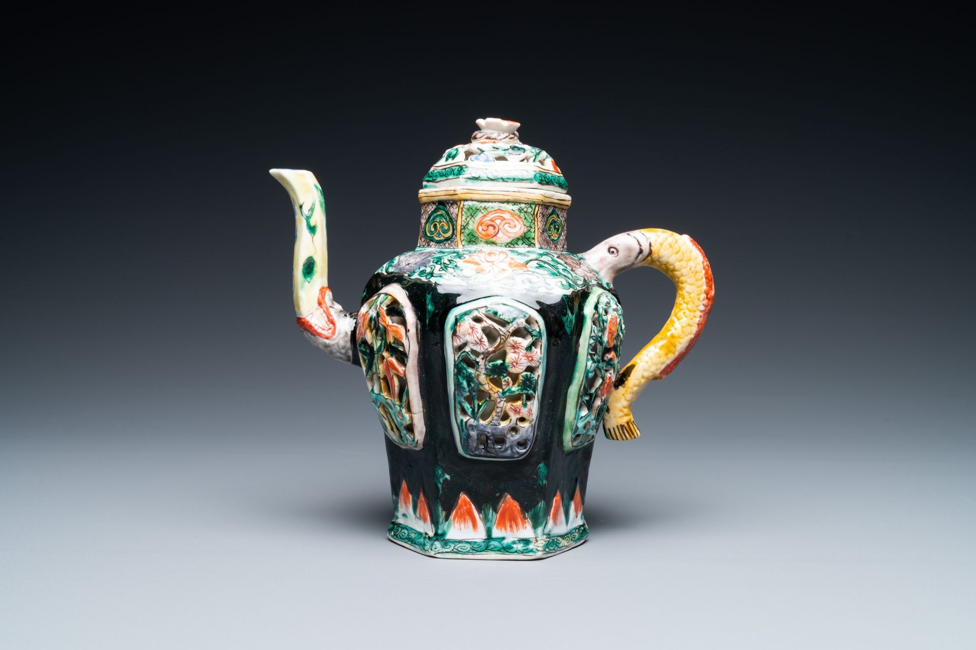 A Chinese verte biscuit reticulated teapot and cover, Kangxi - Image 2 of 37