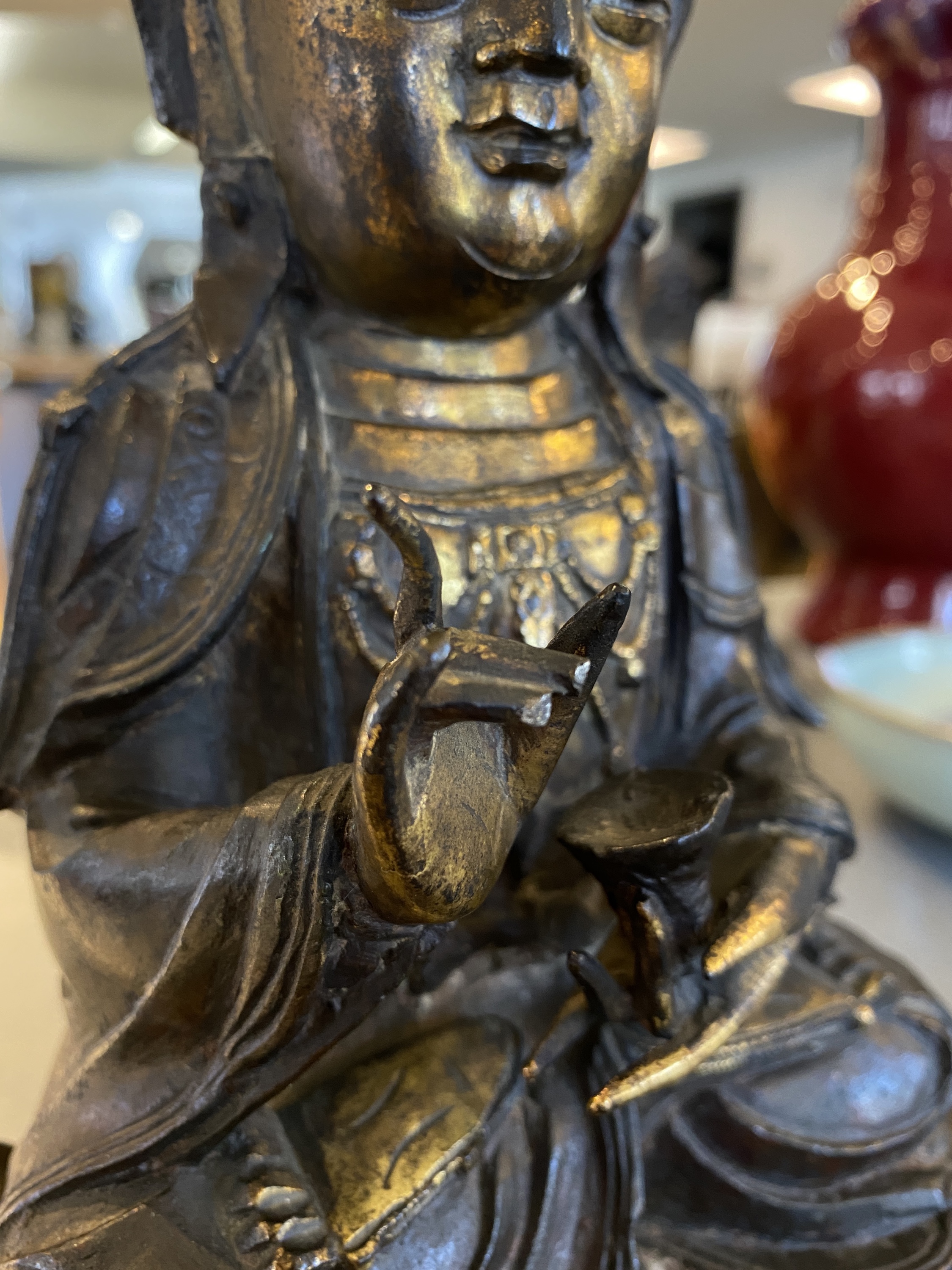 A Chinese partly gilt bronze figure of Guanyin on a lotus throne, Ming - Image 14 of 31